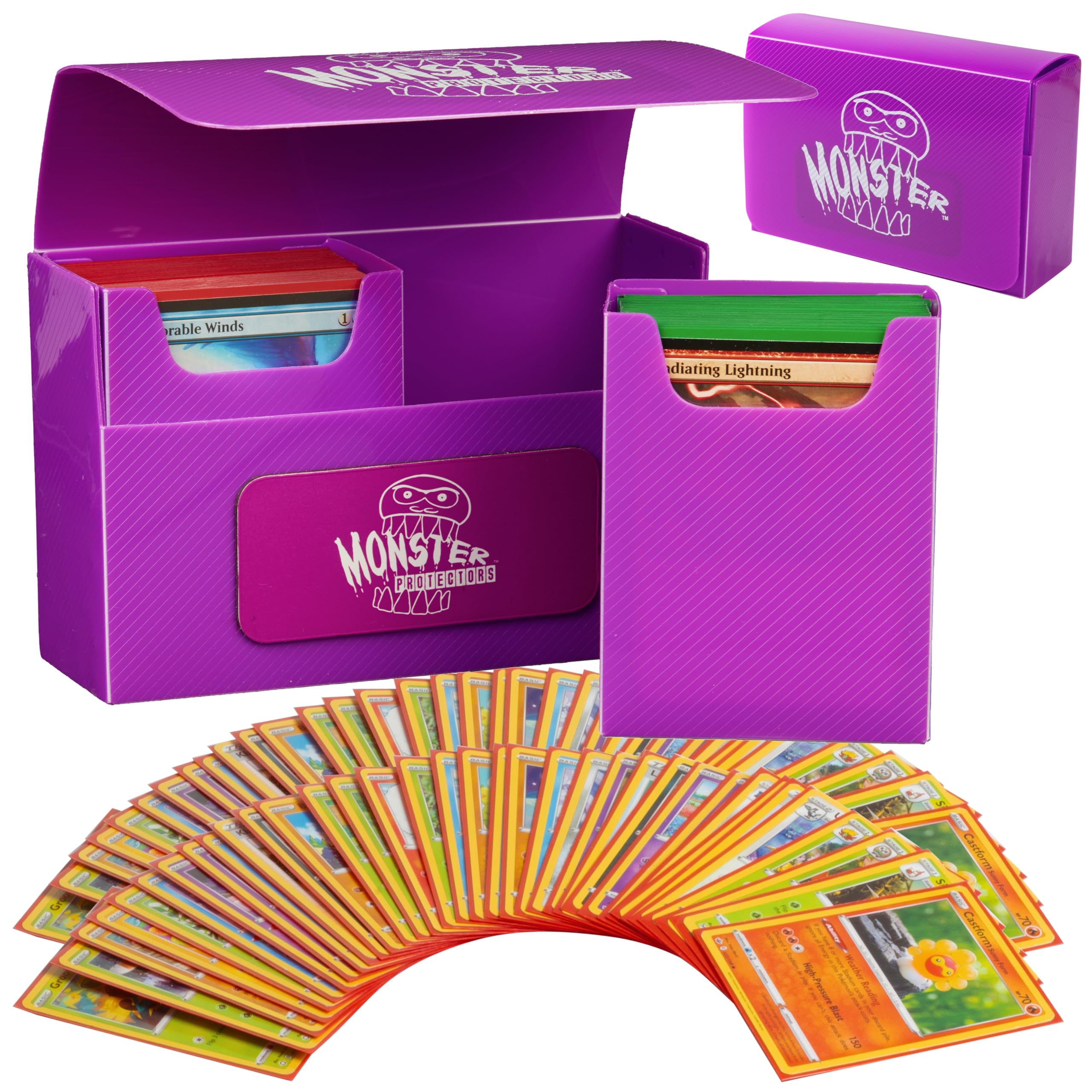 Monster Protectors Magnetic Double Deck Box - Purple, Holds 150 TCG Cards, Self-Locking Closure, Compatible with Standard & Small Size Trading Cards, Removable Design - Perfect for MTG, Pokemon, and Yu-Gi-Oh Card Storage & Organization