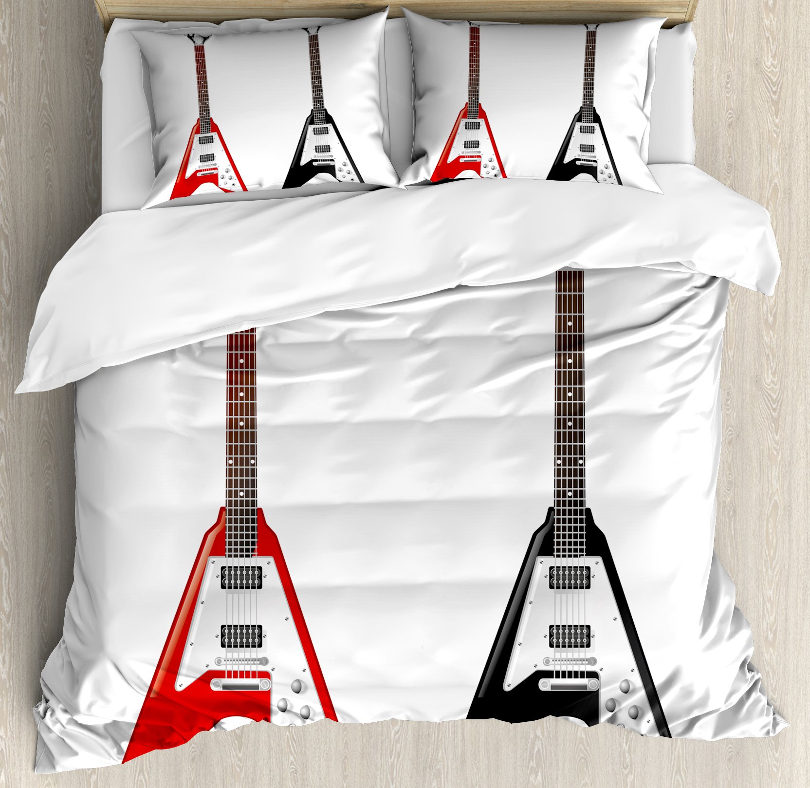 Ambesonne Guitar Duvet Cover Set - Queen Size 3-Piece Bedding with 2 Pillow Shams | Musical Instrument & Rock and Roll V-Shaped Design | Vibrant Multicolor Decor for Music Lovers' Bedroom