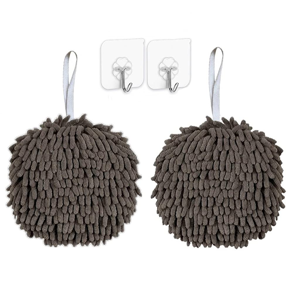 Soft Chenille Quick-Dry Hand Towel with Loop - Absorbent Bath & Kitchen Towel for Bathroom, Sink, and Vanity - Grey (2-Pack)