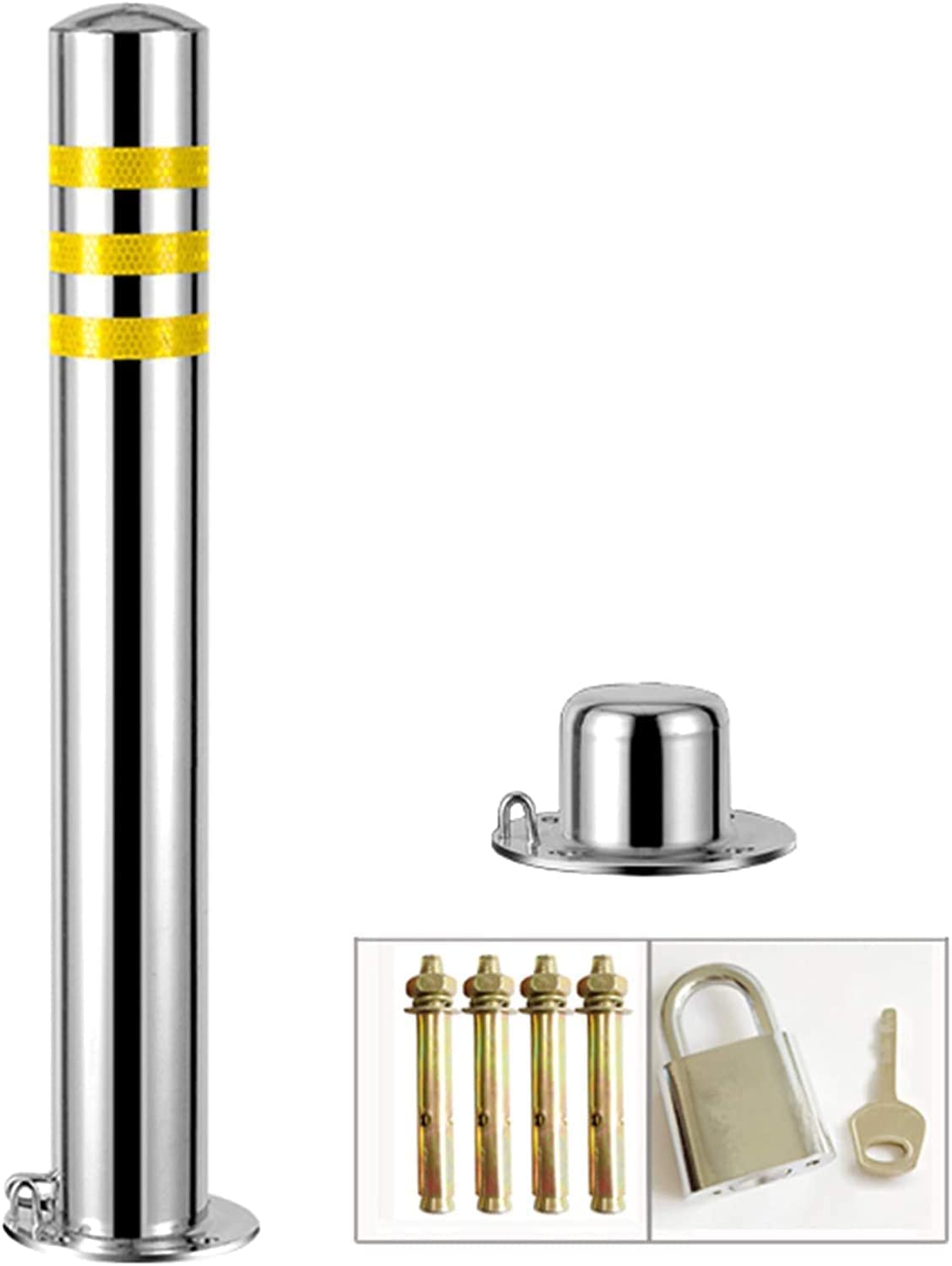 Stainless Steel Parking Post - Heavy Duty Security Barrier for Driveway, Garage & Parking Lot | Commercial & Private Use | Silver Color | Durable Parking Sign Pole for Vehicle Protection & Traffic Control