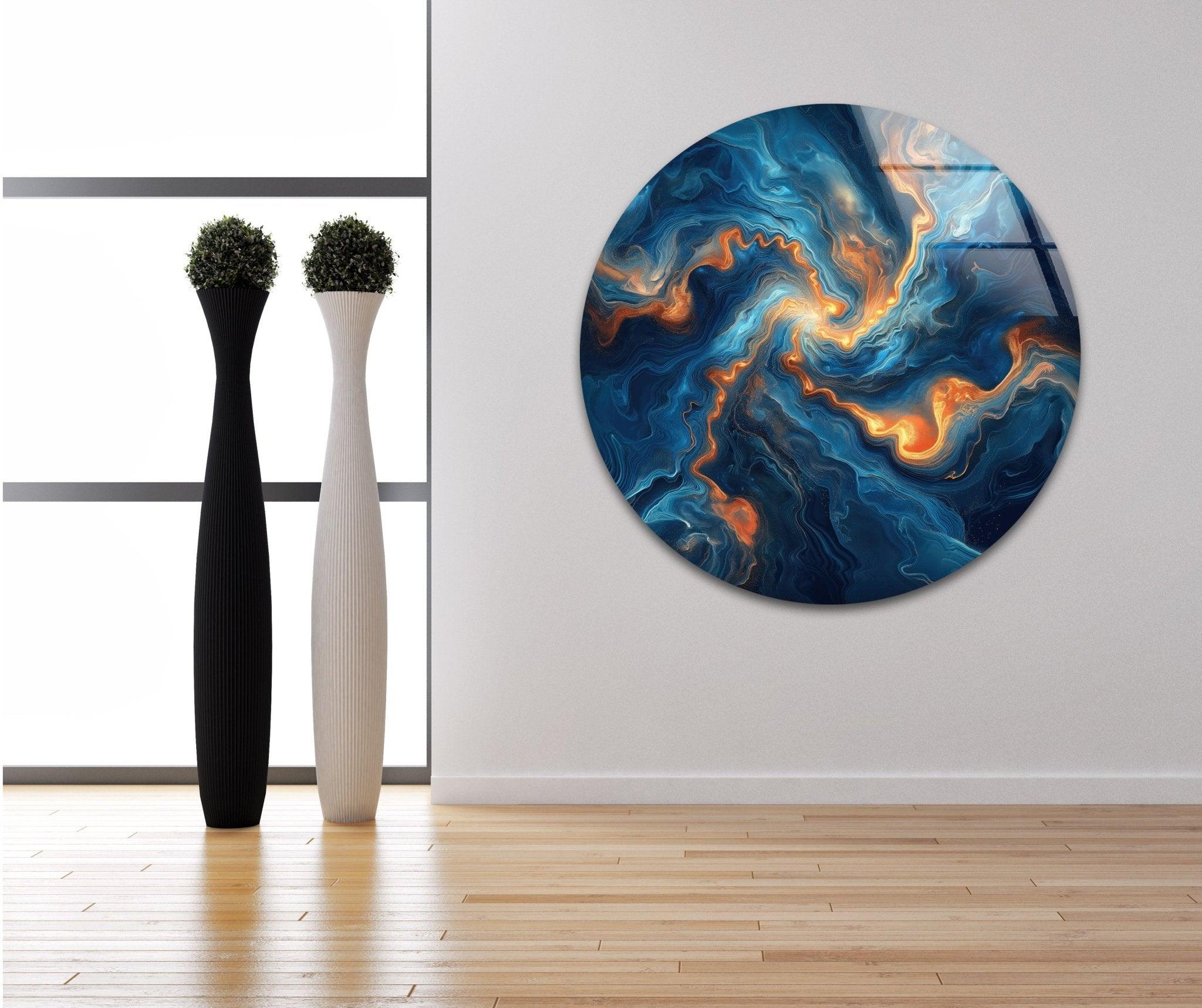 Abstract Swirling Blue and Orange Glass Wall Art - Handmade Modern Home Decor for Living Room, Bedroom & Office - Unique Contemporary Wall Sculpture