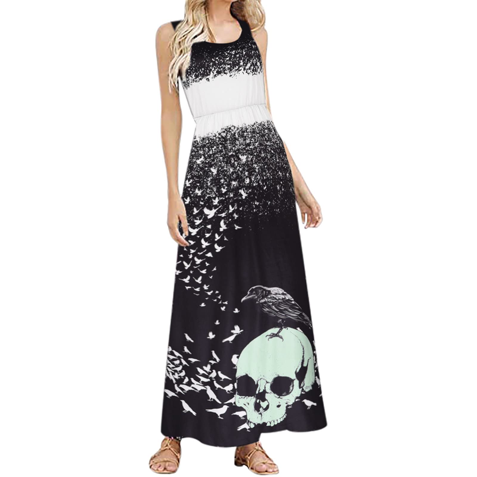 Vintage Halloween Skull Print Maxi Dress for Women - Round Neck Tank Long Party Dress | Perfect for Costume Parties, Trick or Treating & Spooky Events