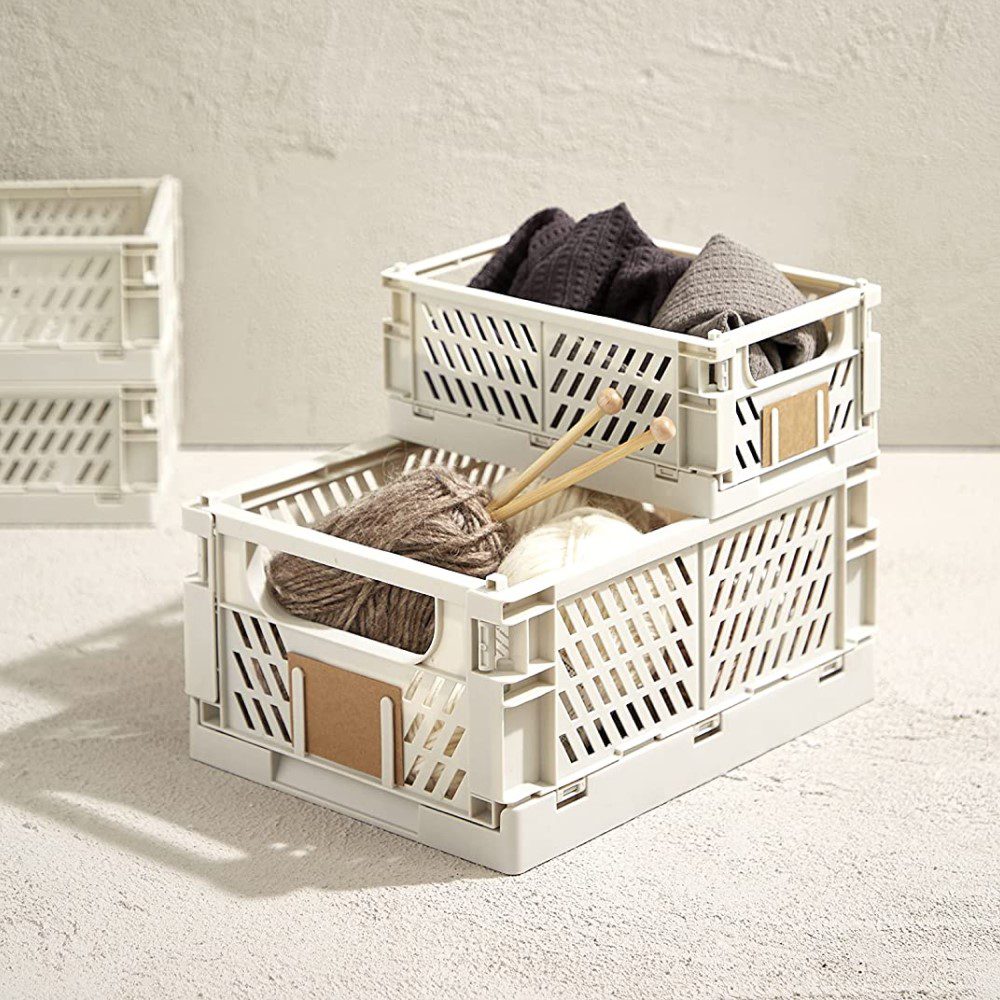 DESIGNSTUFF Collapsible Storage Crate Large 50x33cm - Foldable Slanted Organizer Bin for Home, Office & Laundry - Durable Taupe Plastic Basket for Toys, Books & Clothes