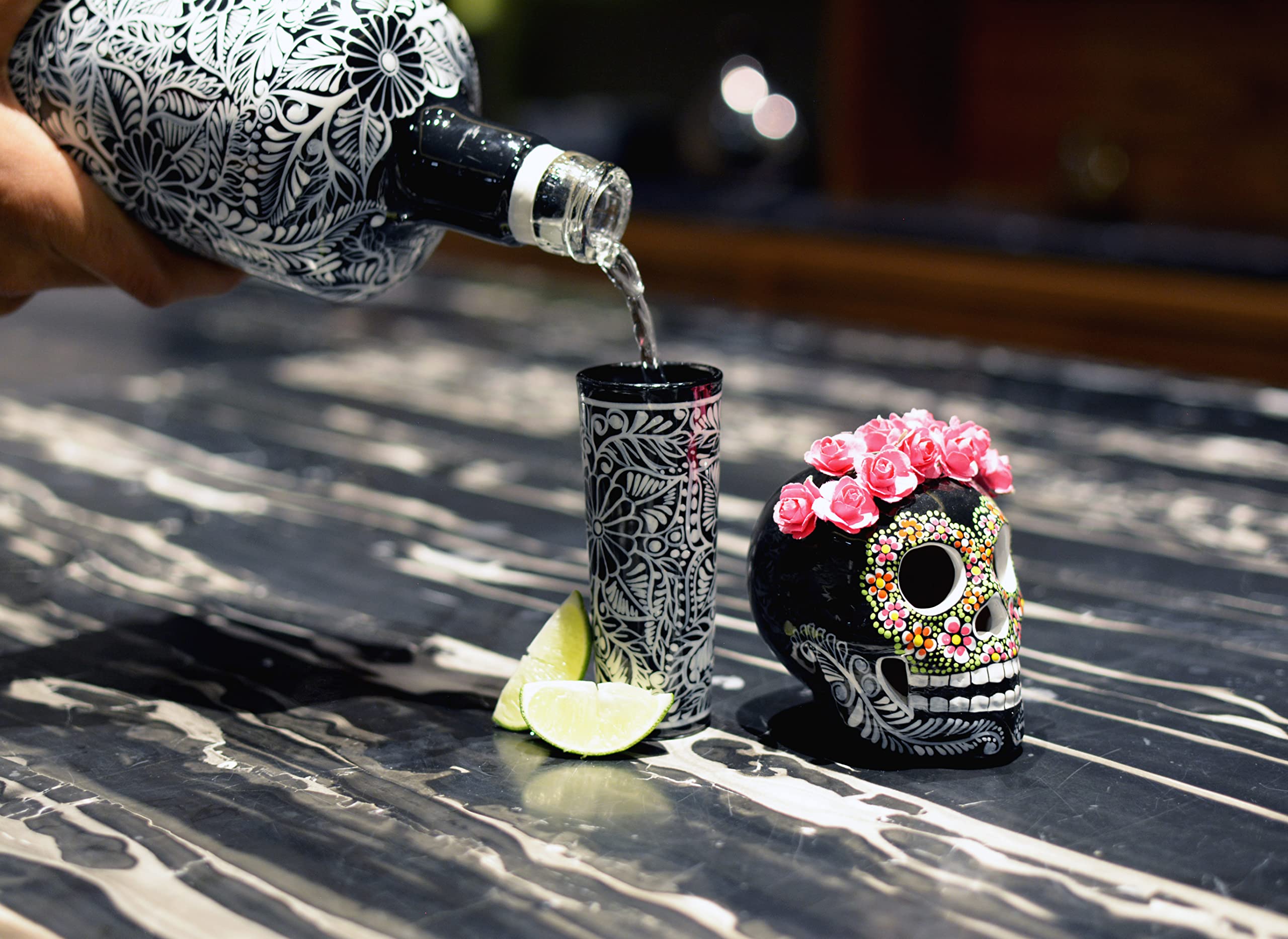Hand-Painted Mexican Skull Tequila Decanter Set with Shot Glasses & Sombrero - Unique Bar Decor & Liquor Gift (Black Catrina Set) - Perfect for Cinco de Mayo Parties & Home Bar Decorations