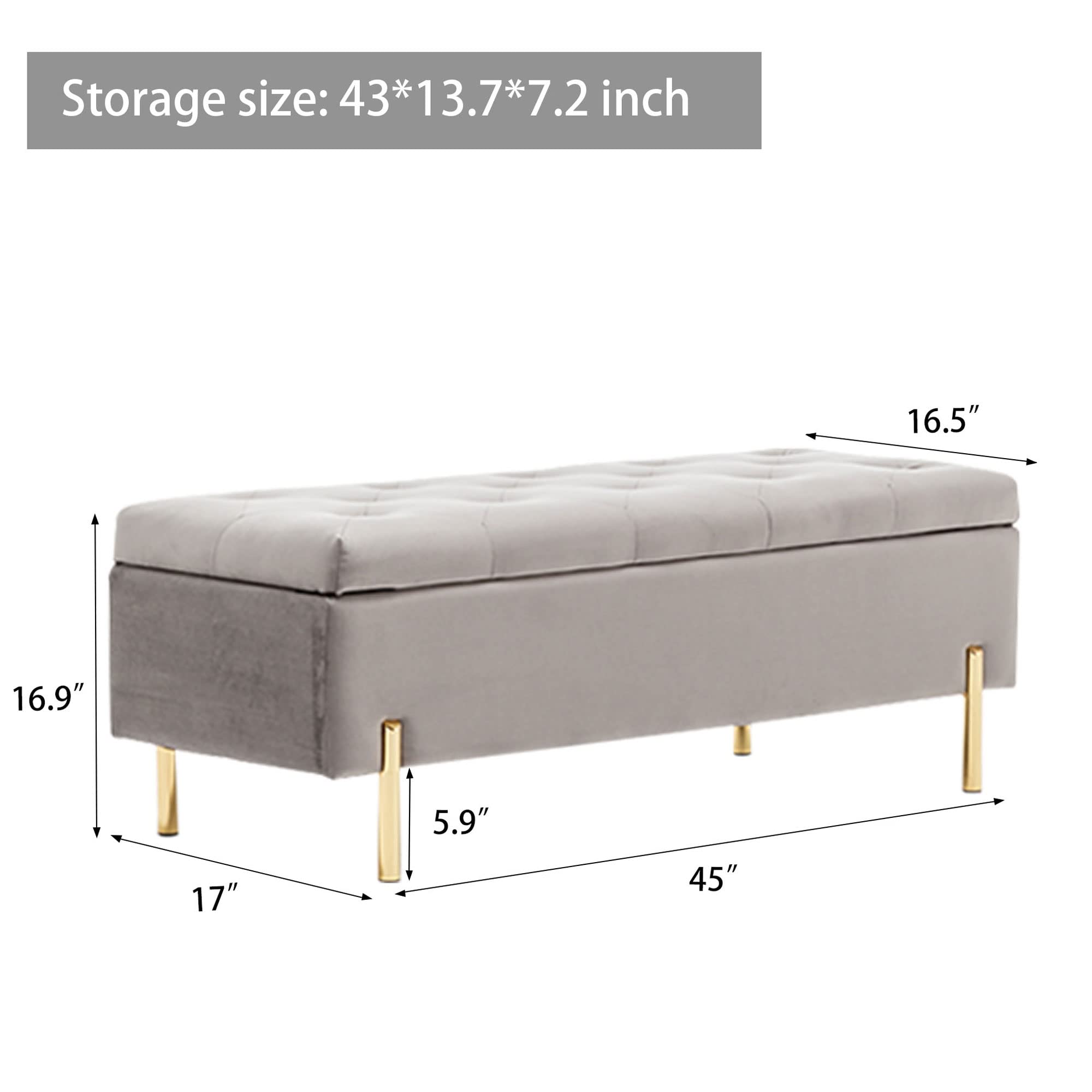 Velvet Upholstered Tufted Storage Bench with Gold Legs - Gray Rectangular Ottoman for Bedroom, Living Room & Entryway - Perfect for Extra Seating, Shoe Storage & Home Decor