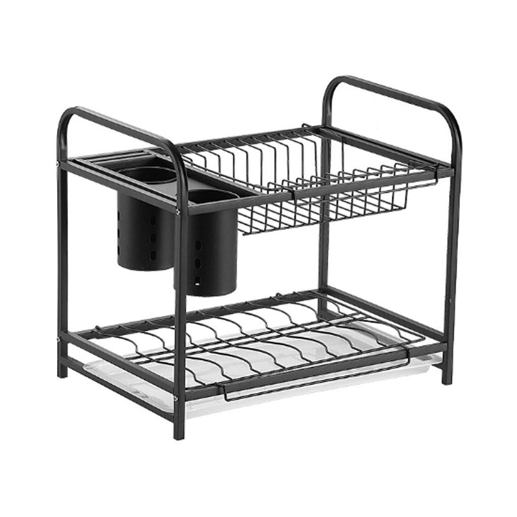 Kingrack 2-Tier Stainless Steel Dish Drying Rack with Drip Tray & Cutlery Holder - Space Saving Kitchen Counter Organizer for Dishes, Cups & Utensils - Perfect for Small Apartments & Busy Kitchens (Black)