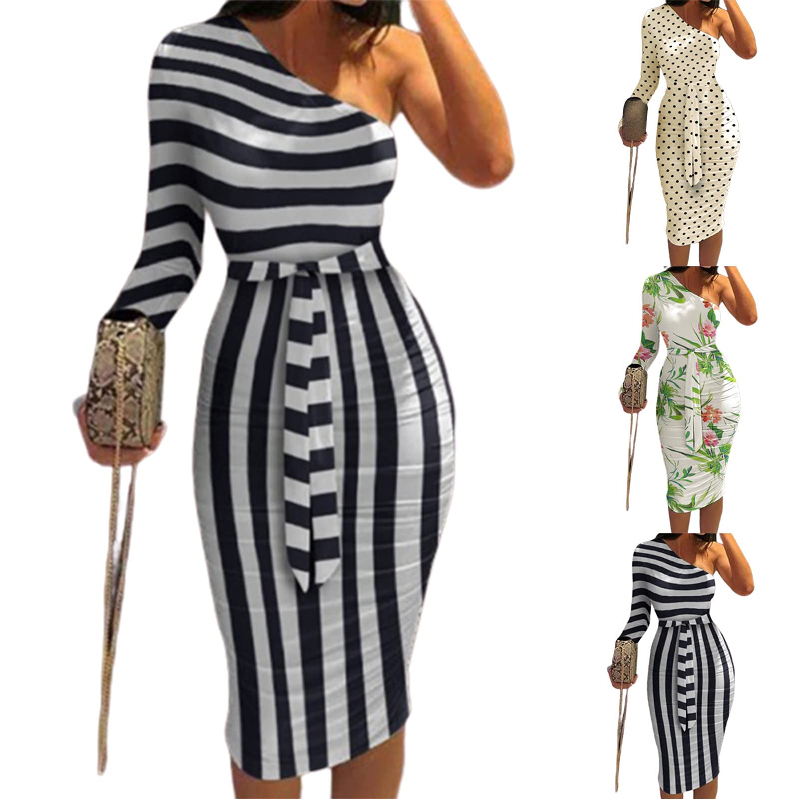 SHENYANGWA Sexy One Shoulder Bodycon Dress for Women - Long Sleeve Ruched Wrap Cocktail Dress for Wedding Guest, Party & Evening Events