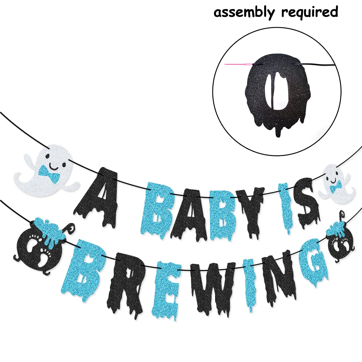 Blue and Black 'A Baby is Brewing' Banner & Cake Topper Set - Perfect for Halloween Baby Shower Decorations, Gender Reveal Parties, and Nursery Room Decor