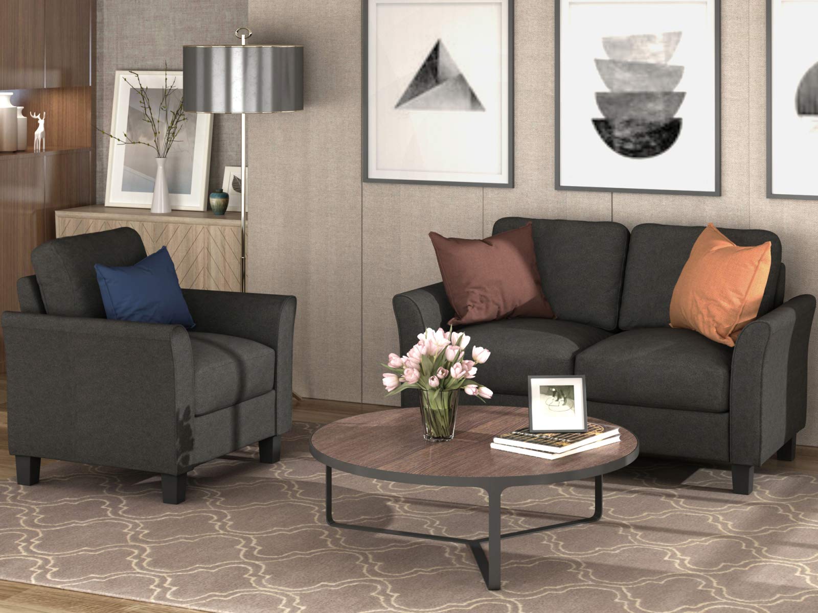 PovKeever Modern Living Room Furniture - Single Armrest Chair and Loveseat Sofa Set in Black | Perfect for Small Spaces, Apartments & Cozy Home Decor