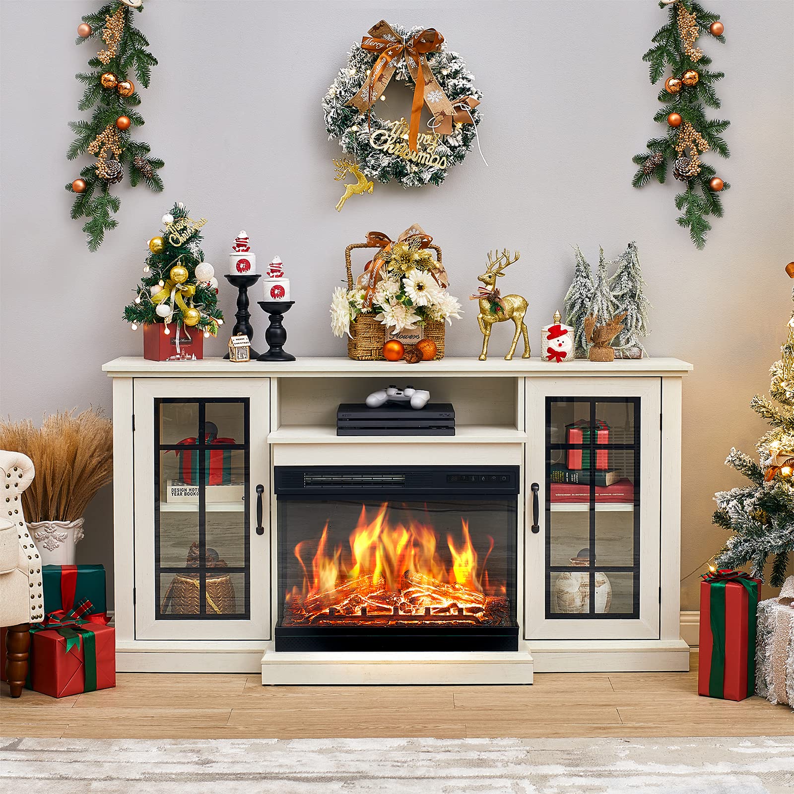 AMERLIFE 65 Inch 3-Sided Glass Fireplace TV Stand - 12 Color LED Media Console with Storage Doors - Rustic White Entertainment Center for Living Room, Bedroom & Home Theater