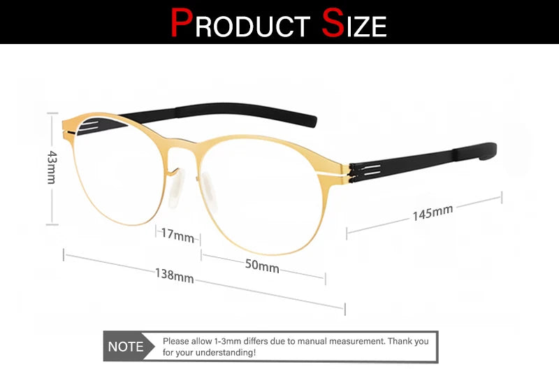 Aimee Men's Full Rim Round Screwless Stainless Steel Eyeglasses Frame 2001 - Lightweight & Durable Glasses for Work, Reading & Everyday Use