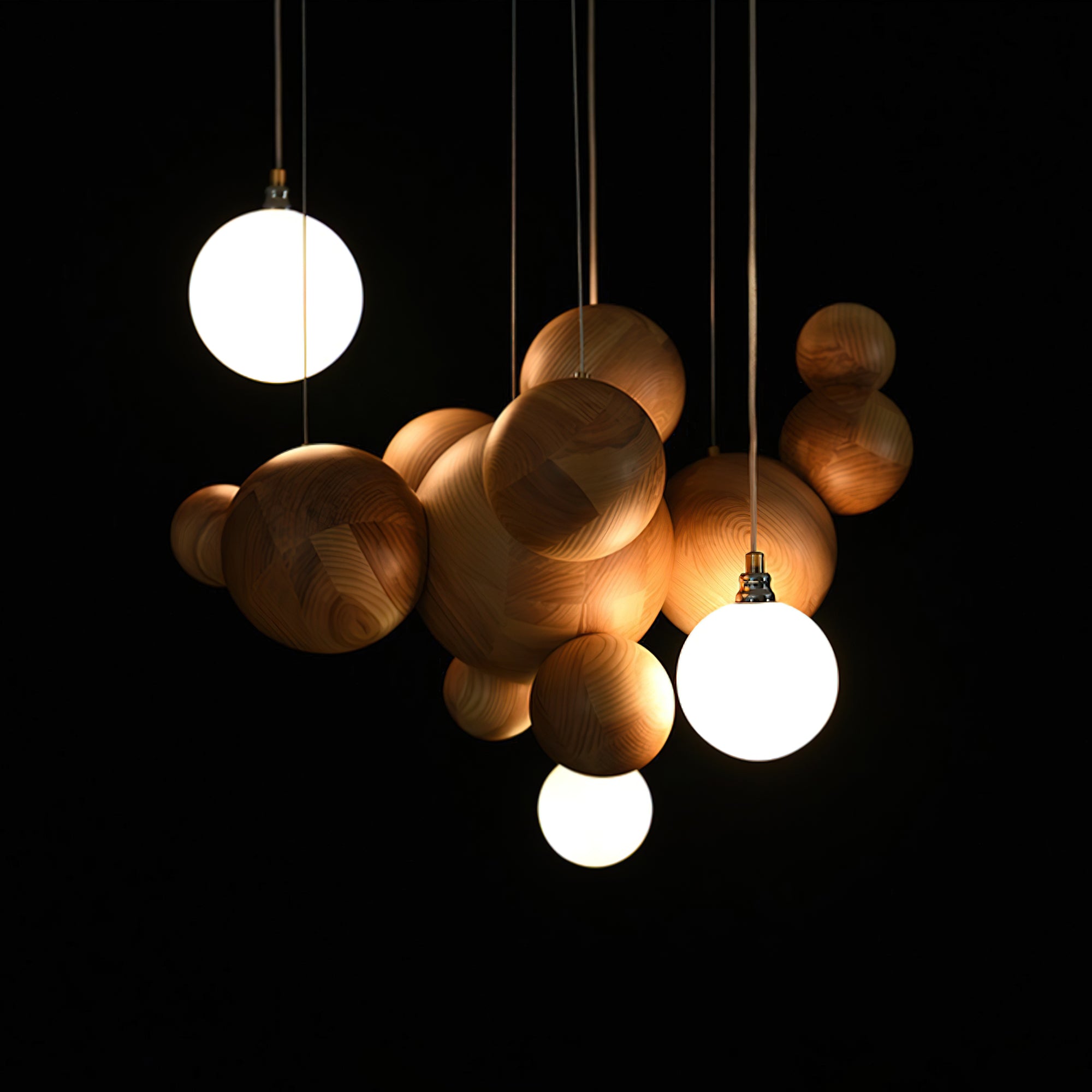 Handmade Bubble Wood Ball Chandelier - Natural Wooden Pendant Light Fixture for Dining Room, Bedroom, or Living Room Decor