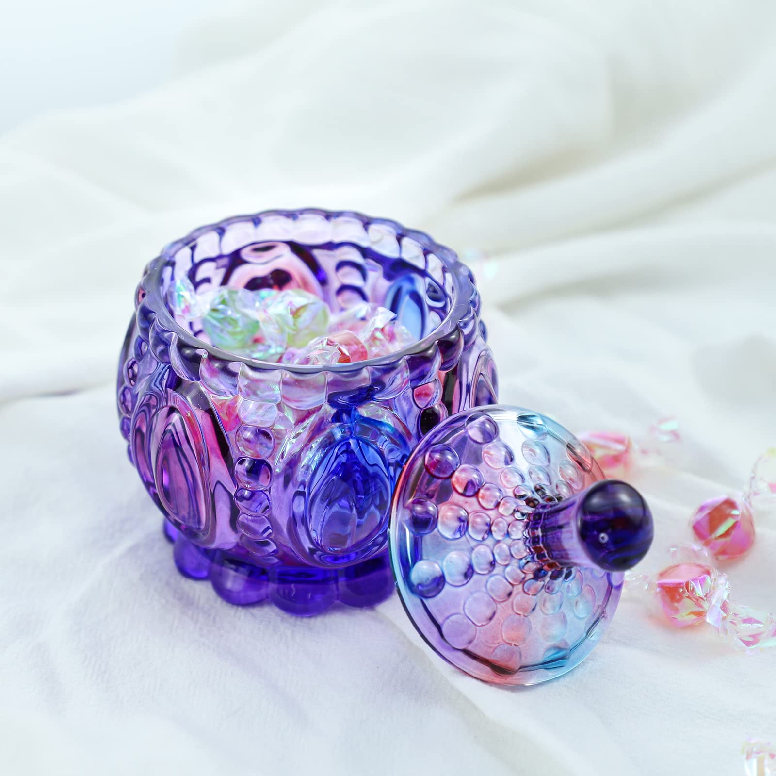 Royal Embossed Clear Glass Apothecary Jar with Lid - 7oz Candy, Jewelry & Food Storage Container - Wedding Buffet, Home Decor, Kitchen Organization (Pumpkin, Purple)