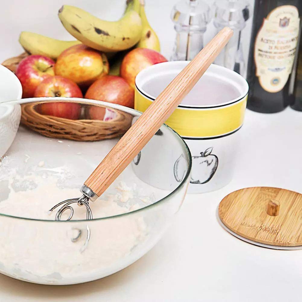 AXPDEFI 13-Inch Stainless Steel Danish Dough Whisk with Wooden Handle - Double Eye Design for Bread Mixing, Pastry & Pizza Dough - Perfect Kitchen Tool for Bakers & Home Cooks (Great for Artisan Bread, Cookies & Cake Batter)