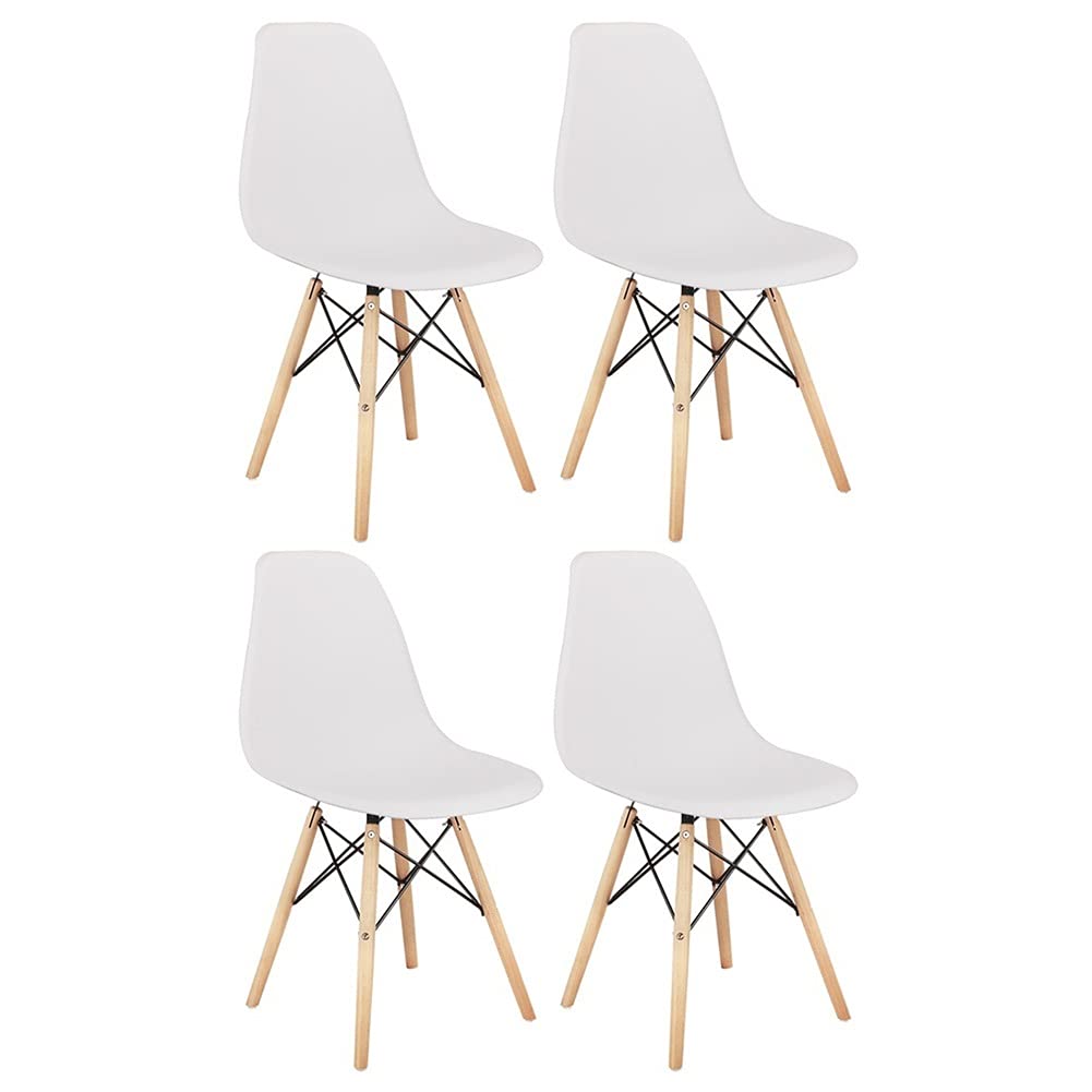 Modern White Side Chair - Natural Beech Wood Dining Chair with ABS Backrest & Wood Legs, Set of 4 - Perfect for Kitchen, Office, Coffee Shop, Living Room & Bedroom - Armless Design for Space Saving & Comfortable Seating