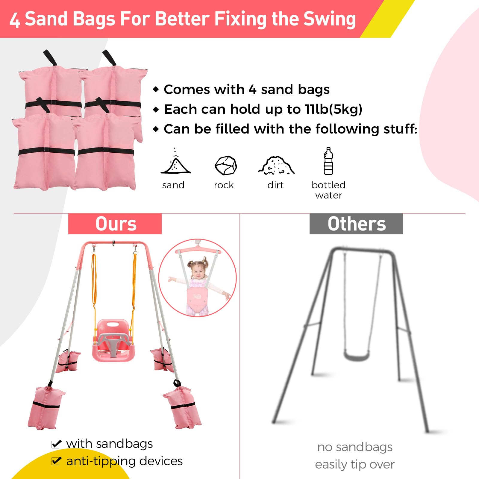 **FUNLIO 2-in-1 Baby Swing and Jumper for Toddlers - Heavy Duty Kids Swing Set with 4 Sandbags, Foldable Metal Stand - Indoor & Outdoor Play - Easy Assembly & Storage - Pink - Perfect for Backyards, Playrooms, and Daycares**