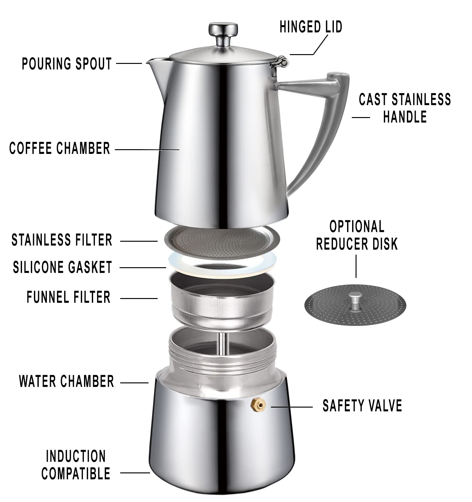 CUISINOX Roma Satin Stainless Steel Moka Pot Stovetop Espresso Maker - 6 Cup Italian Coffee Maker for Home & Office - Perfect for Espresso, Latte & Cappuccino Lovers