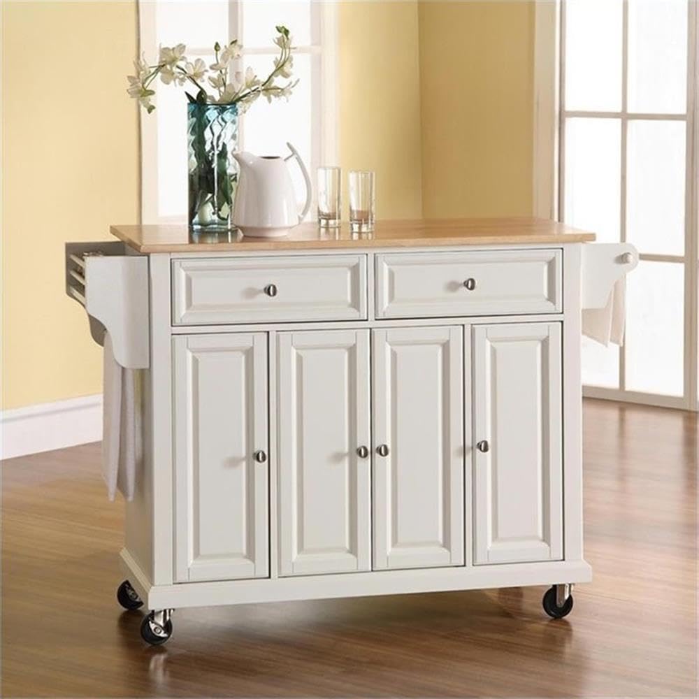 Crosley White Wood Top Rolling Kitchen Island Cart with Storage - Microwave Stand & Spice Rack - Perfect for Small Kitchens, Pantry Organization & Extra Counter Space