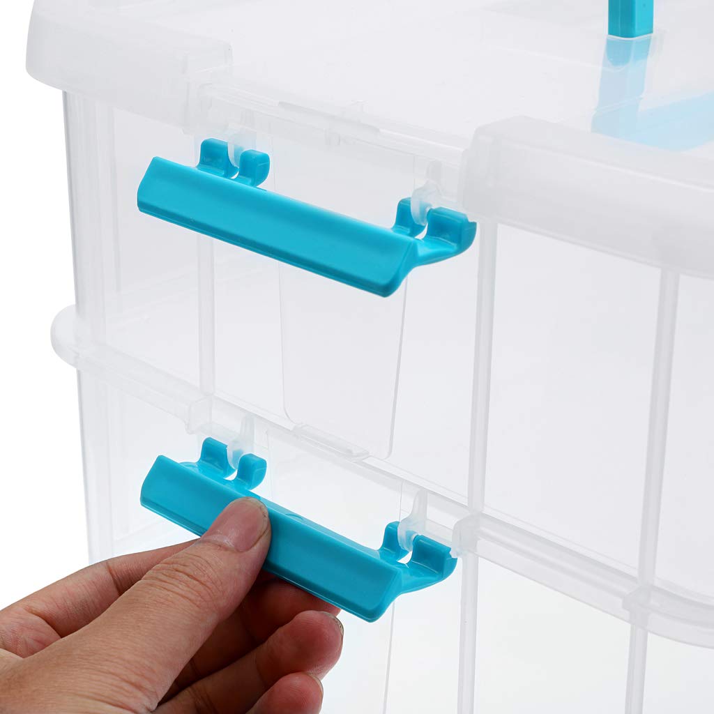 BTSKY 2 Layer Stackable Plastic Storage Box with Handle - Portable Organizer for Stationery, Art Supplies, Jewelry & Beauty Products - Perfect for Home, Office & Craft Room Organization (Blue)