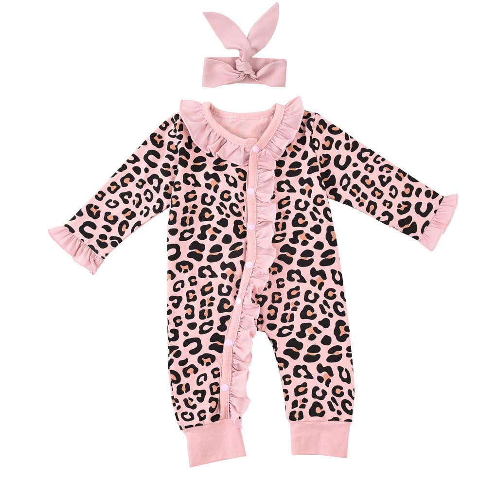 YOYO.RI Baby Girl Leopard Print Romper Jumpsuit with Headband - Newborn Infant Flare Sleeve Outfit for Photo Shoots, Birthday Parties & Daily Wear