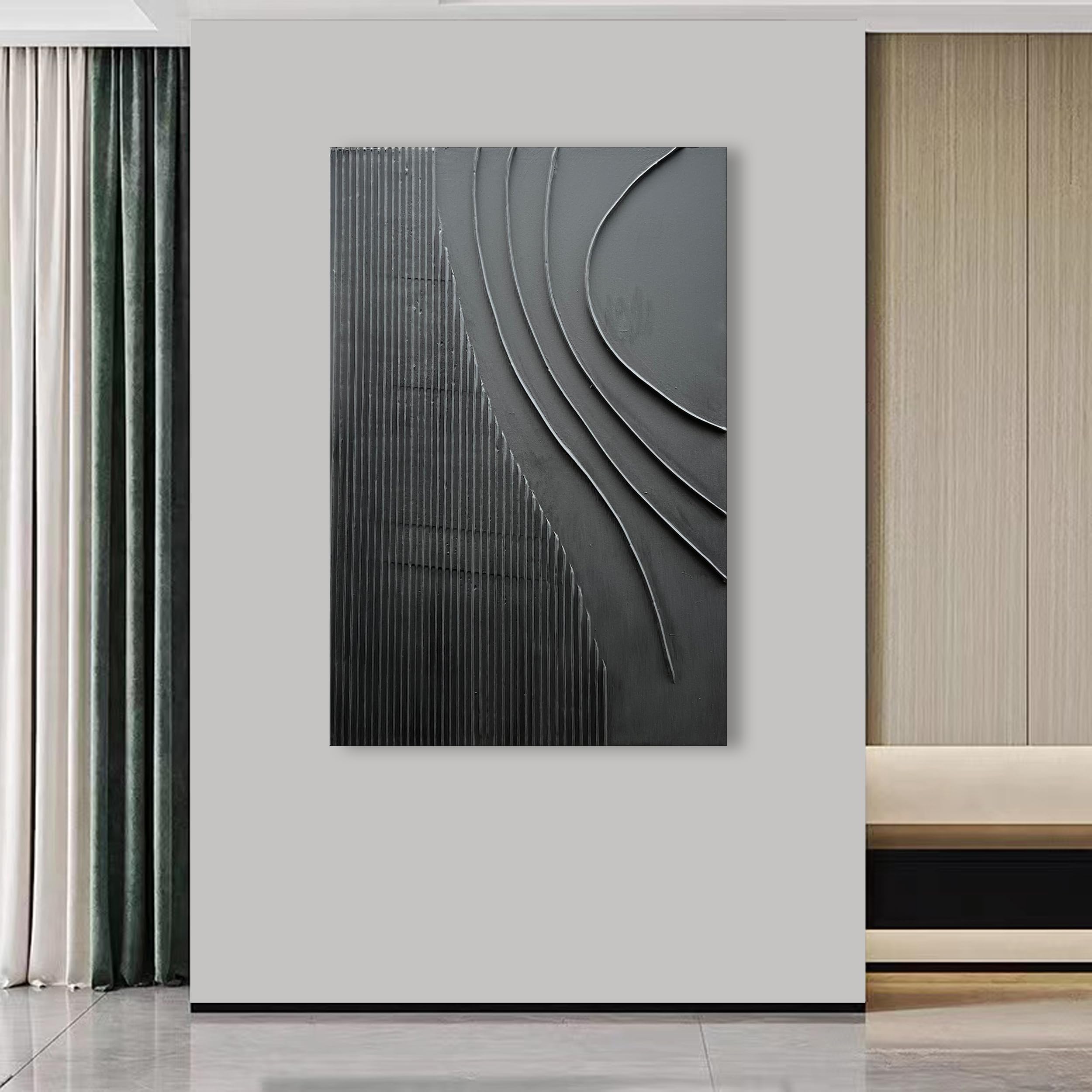 Hand-Painted Thick Texture Black Minimalist Oil Painting - 45x30 Inches Large Wall Art for Modern Home Decor | Living Room, Bedroom & Office Wall Decoration