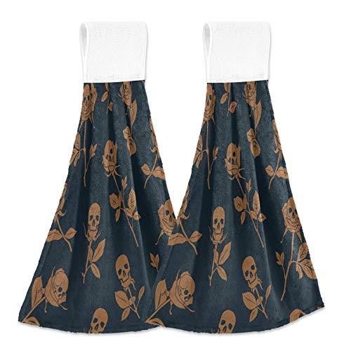 Vintage Skull and Rose Print Kitchen Hand Towels - 2PCS Super Absorbent Dishcloths with Hanging Loop (12x17 in) - Halloween Decor, Bathroom Towels, Soft Fingertip Dish Towels for Kitchen, Dining & Home Decor