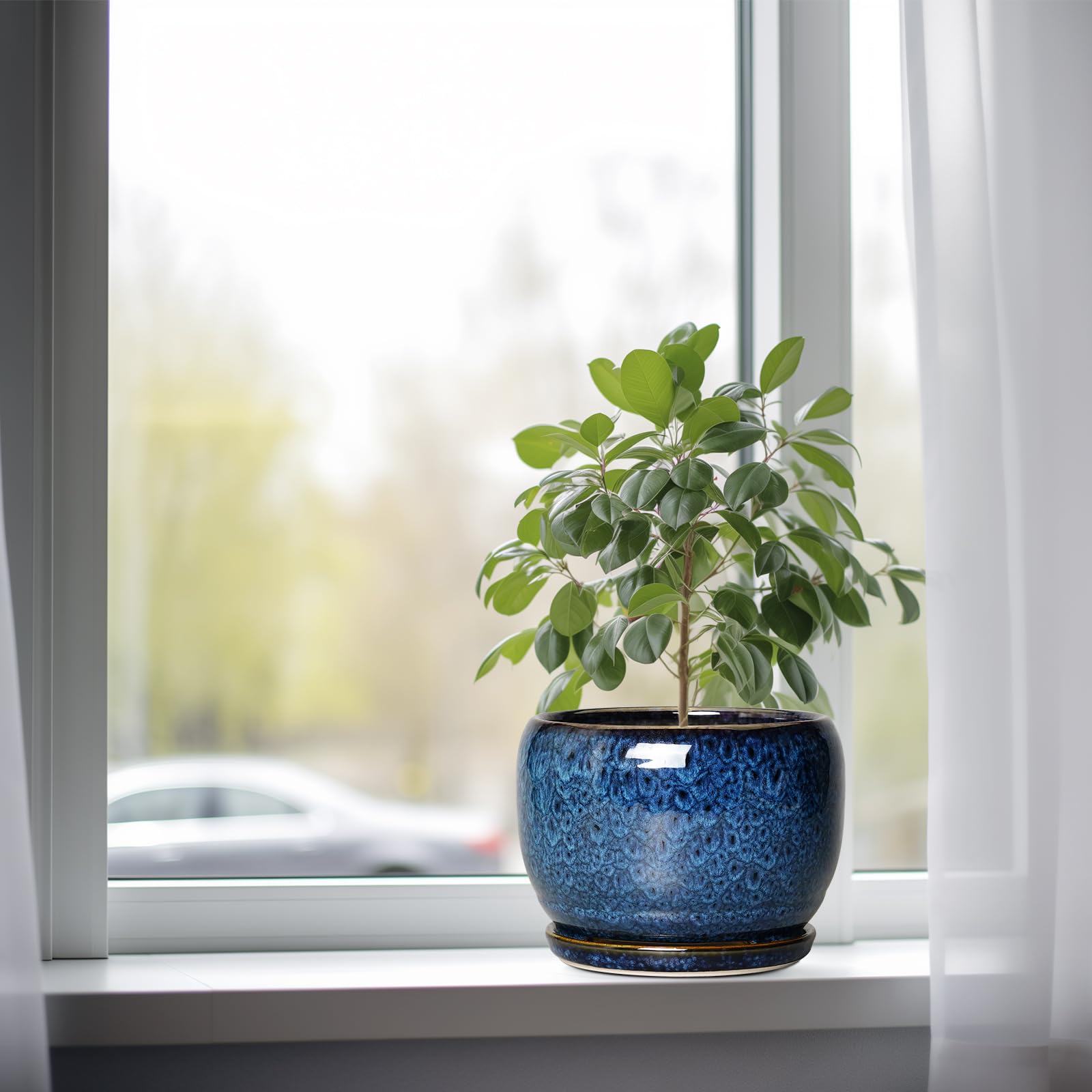 SQOWL 8 Inch Ceramic Planter with Drainage Hole & Saucer - Modern Round Glazed Blue Flower Pot for Indoor Outdoor Plants | Perfect for Home Decor, Office Desk, Garden, and Patio
