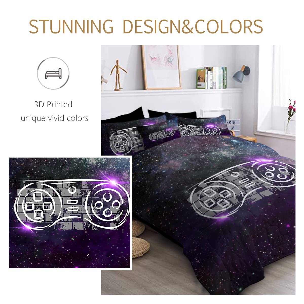 **BlessLiving Gamer Controller King Bedding Set for Boys - 8-Piece Outer Space Retro Video Game Comforter Set with Sheets, Purple Galaxy Theme | Perfect for Kids' Bedrooms, Gaming Rooms & Sleepovers**