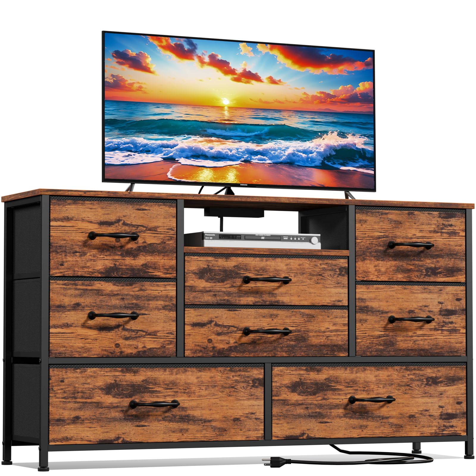 Industrial Rustic Brown 8-Drawer Dresser TV Stand with Power Outlets & Wood Top - Wide Storage Chest for Bedroom, Living Room & Closet Organization | Perfect for Small Spaces & Home Office Setup