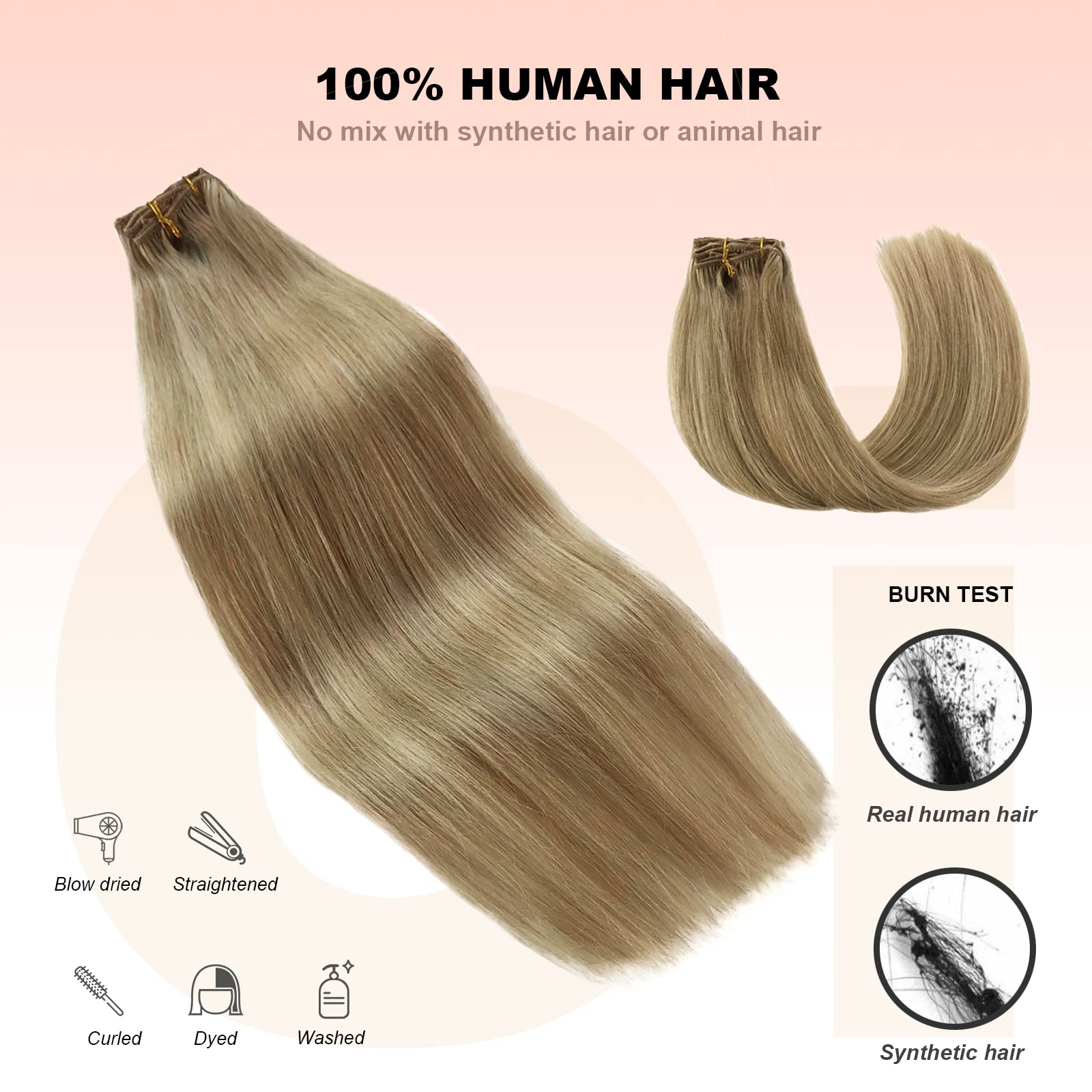 Premium Clip-in Hair Extensions - 22 Inch 7-Piece Blonde Highlighted Remy Human Hair Set (Beige & Platinum Blonde) with Invisible Clips for Natural Volume & Length - Perfect for Parties, Weddings & Daily Styling