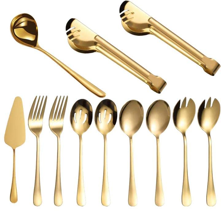 12-Piece Stainless Steel Serving Utensil Set - Cake Server, Ladle, Food Tongs, Forks, Dinner Spoons, Perforated Spoons & Salad Sporks in Gold - Perfect for Dinner Parties, Buffets, Catering & Home Entertaining