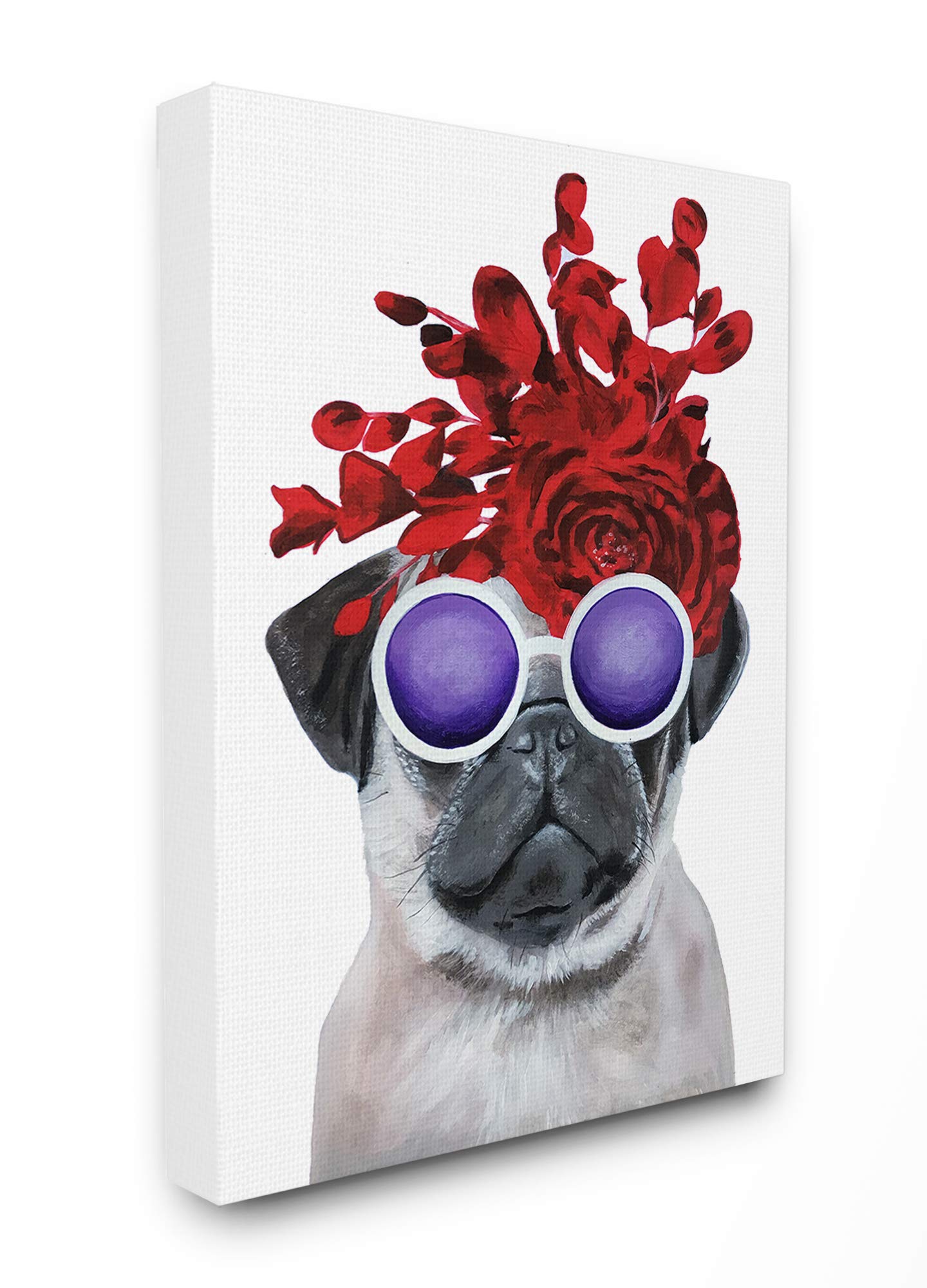 Stupell Industries XXL Pug Dog Canvas Wall Art with Flower Hat & Purple Glasses - 30x40 Inch Stretched Canvas Painting, Multi-Color Home Decor for Living Room, Bedroom, or Office