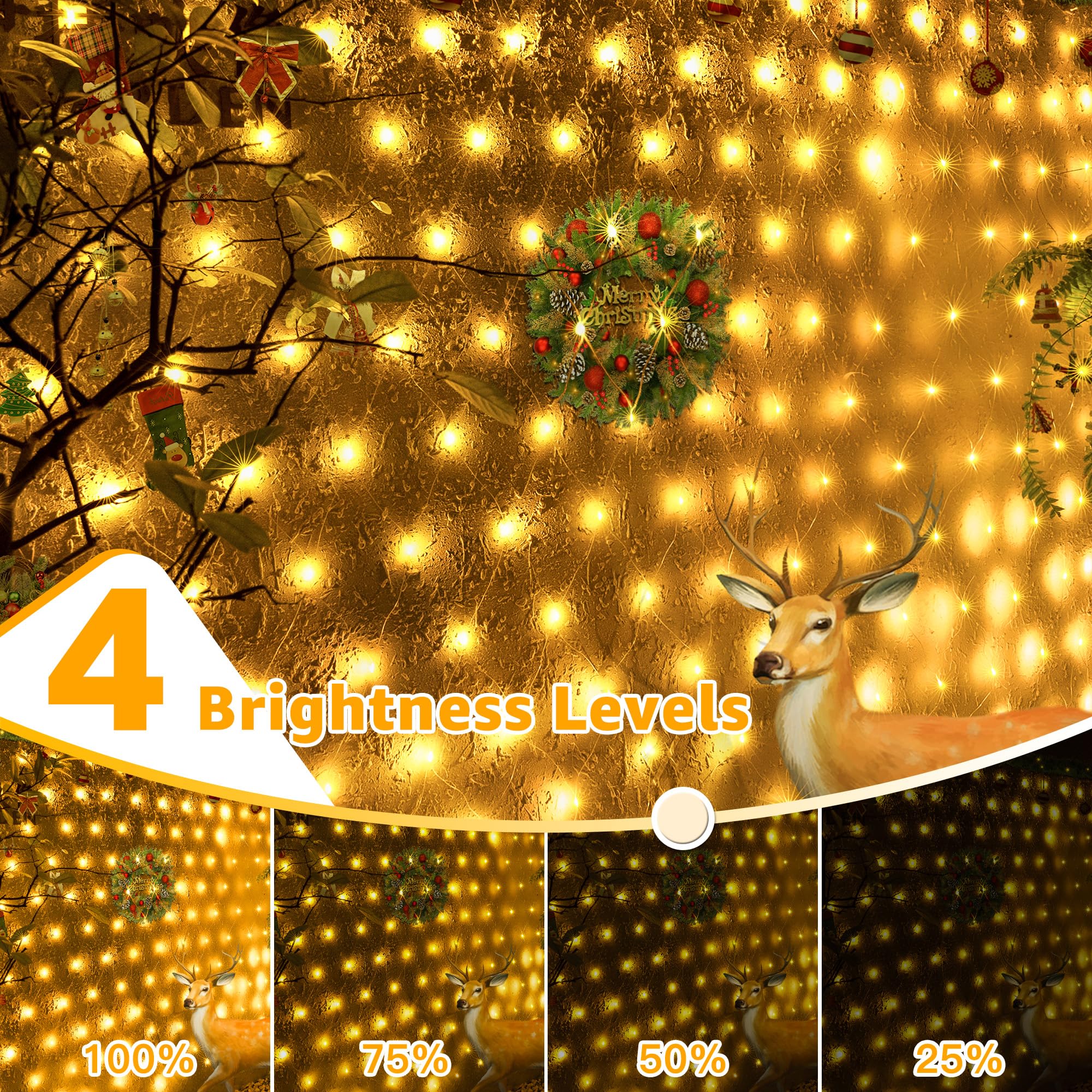Ollny 200 LED 3m x 2m Waterproof Mesh Fairy Lights with 8 Modes & Timer - Indoor/Outdoor String Lights for Christmas Tree, Garden, Window, Curtain Decor - Warm White - Perfect for Holiday, Wedding, and Party Lighting