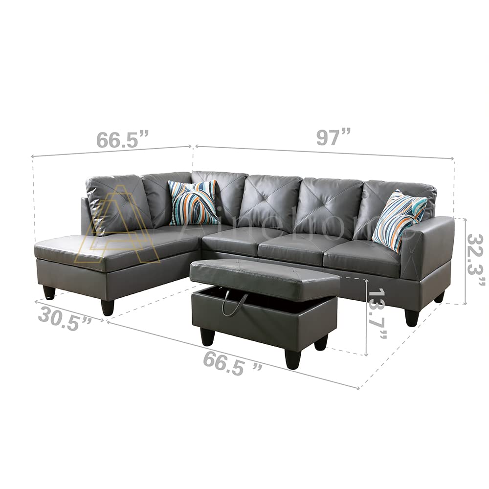 Ainehome Modern L-Shaped Leather Sectional Sofa Set - 3 Piece Left-Facing Chaise, Dark Grey - Perfect for Living Rooms, Apartments & Small Spaces | Comfortable Lounge Seating for Family Gatherings & Movie Nights
