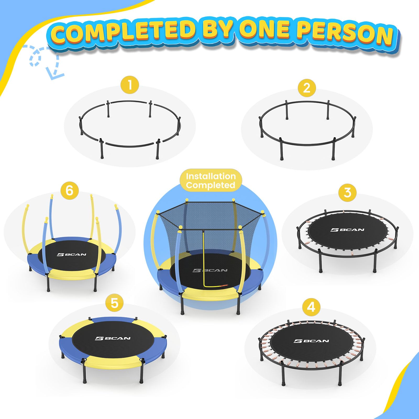 BCAN 5FT Kids Trampoline with Safety Enclosure Net - Adjustable Gymnastics Bars & Basketball Hoop for Ages 1-8 | Indoor/Outdoor Mini Trampoline with Foam Handle | Perfect Birthday Gift for Toddlers Boys & Girls | Backyard Play, Exercise & Family Fun Activity