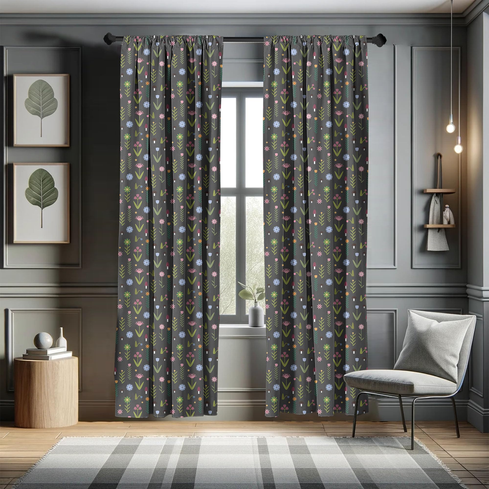 Ambesonne Floral Curtains - Tulip Iris Daisy Rose Petals & Forest Mushroom Pattern Window Treatments | 2 Panel Set for Living Room & Bedroom | 28 x 63 Inches | Olive Green Dried Rose | Perfect for Home Decor & Room Aesthetics