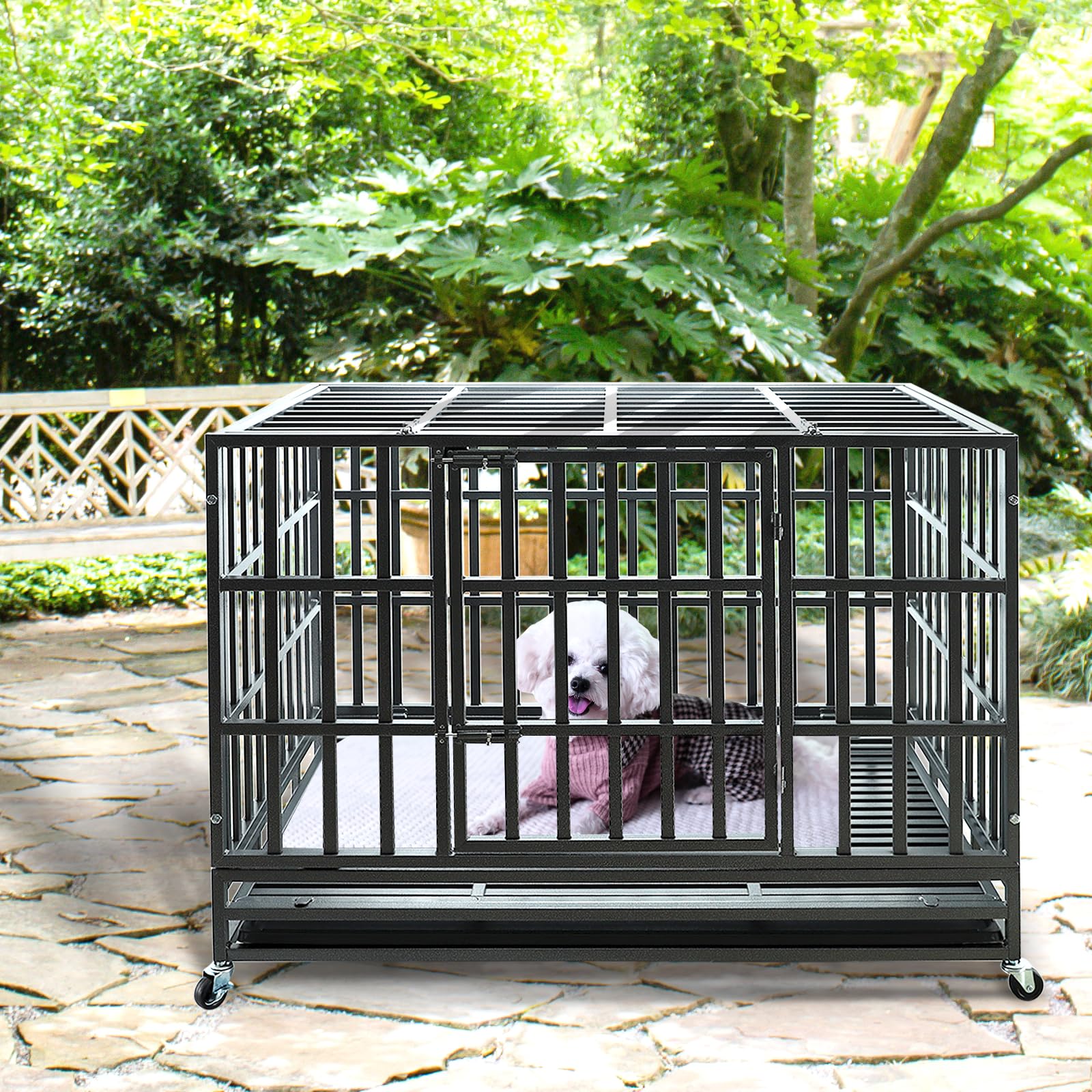 Confote 47-Inch Heavy Duty Dog Kennel - Strong Metal Dog Cage & Pet Crate for Medium & Large Breeds with 4 Lockable Wheels & Removable Tray | Indoor/Outdoor Use, Travel, Home Security, Vet Visits & Training