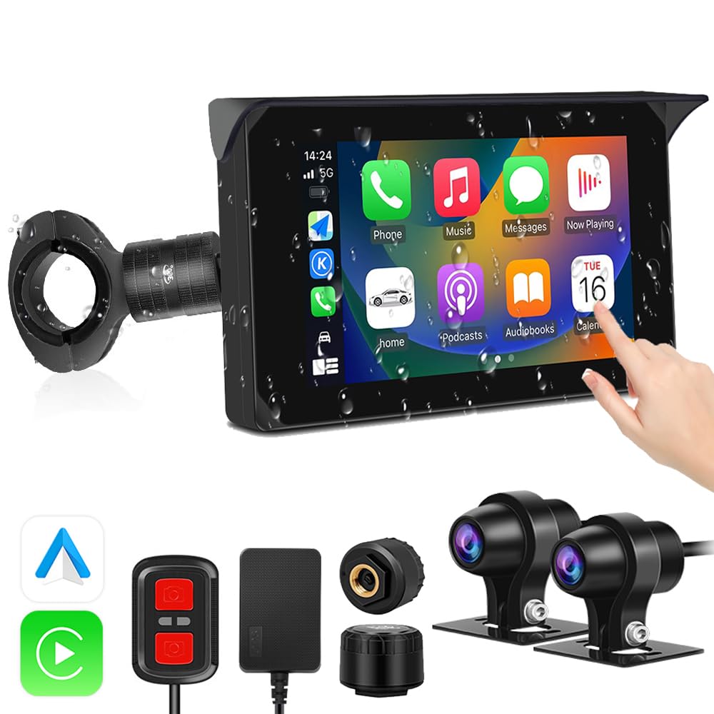 VSYSTO 5 Inch Motorcycle Touchscreen with Wireless CarPlay & Android Auto, GPS Navigation, WiFi, Waterproof HD 1080P Front/Rear Dash Camera DVR & Tire Pressure Sensors - Perfect for Motorcycle Rides, Commuting & Adventure Tours