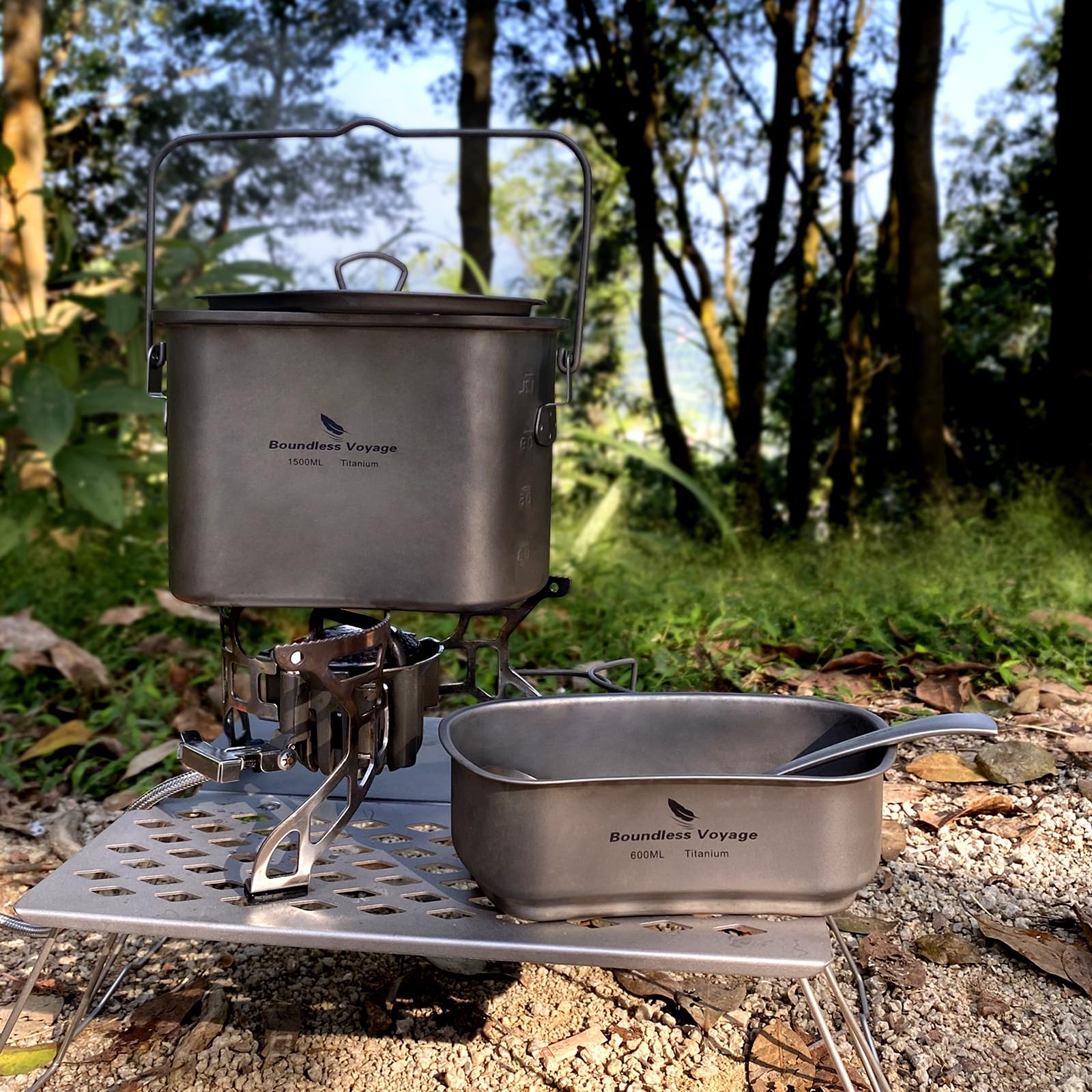 Boundless Voyage Titanium Camping Cookware Set - Lightweight Canteen Cup, Mess Kit & Kidney-Shaped Hanging Pot with Lid & Handles (Ti2059C) for Backpacking, Hiking & Outdoor Cooking Adventures