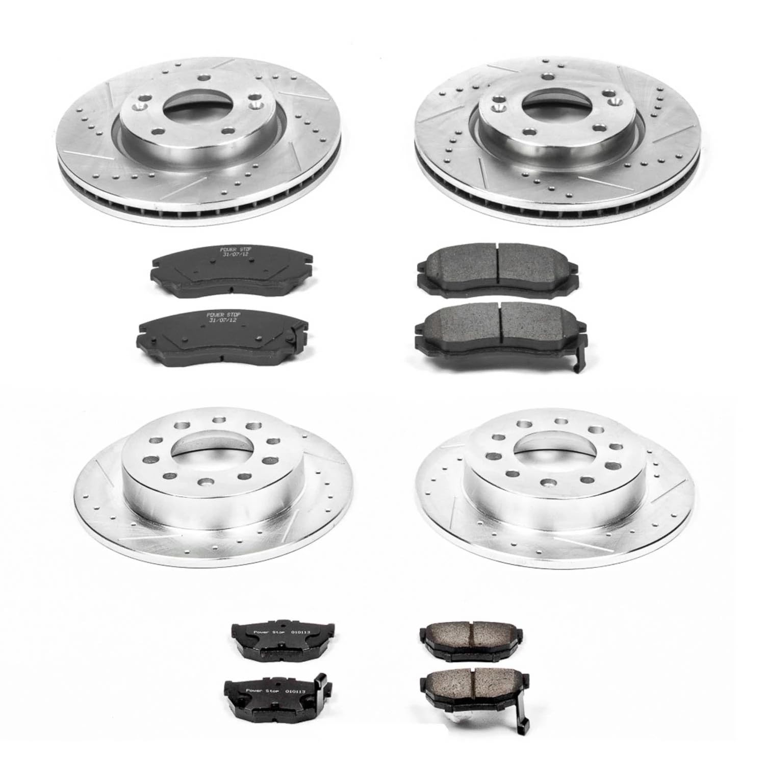 Power Stop K164 Front & Rear Z23 Carbon Fiber Brake Pads with Drilled & Slotted Brake Rotors Kit - Compatible with 2004-2006 Hyundai Tiburon | High-Performance Braking for Street & Track Use