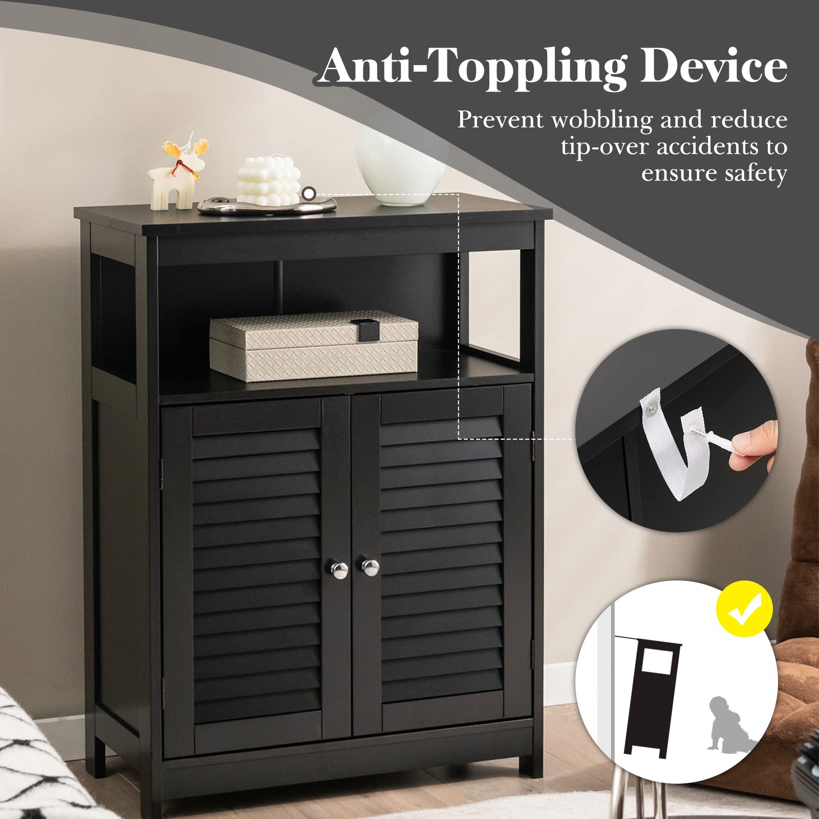 GLACER Wooden Bathroom Storage Cabinet with Double Shutter Doors - 3-Position Adjustable Shelf & Side Organizer - 23.5 x 12 x 31.5 Inches (Black) - Perfect for Bathroom, Laundry Room & Closet Organization