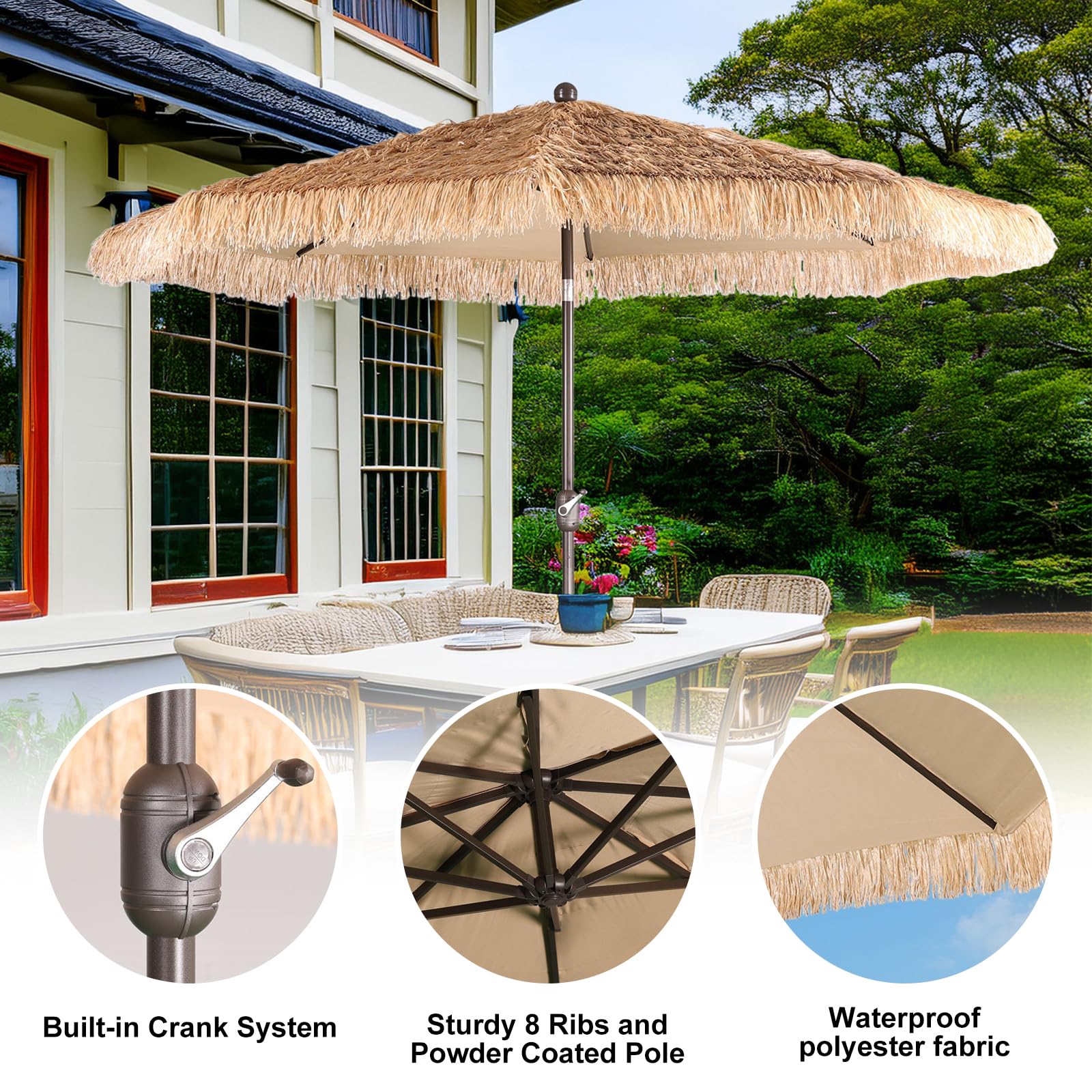 BPS 10FT Thatch Patio Umbrella - Tiki Style Outdoor Umbrella with Easy Crank Lift, Natural Straw Look - Perfect for Poolside, Backyard, Beach, Garden & Patio Parties (No Base Included)