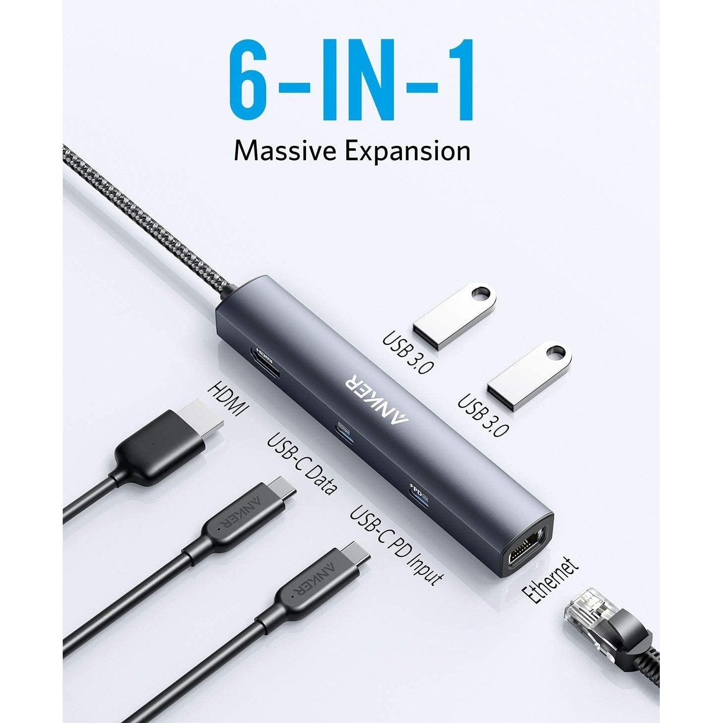 Anker PowerExpand 6-in-1 USB C Hub with 65W Power Delivery, 4K HDMI, 1Gbps Ethernet, USB-C & 2 USB 3.0 Ports - Perfect for MacBook, iPad Pro, and Windows Laptops for Home Office, Gaming, and Travel