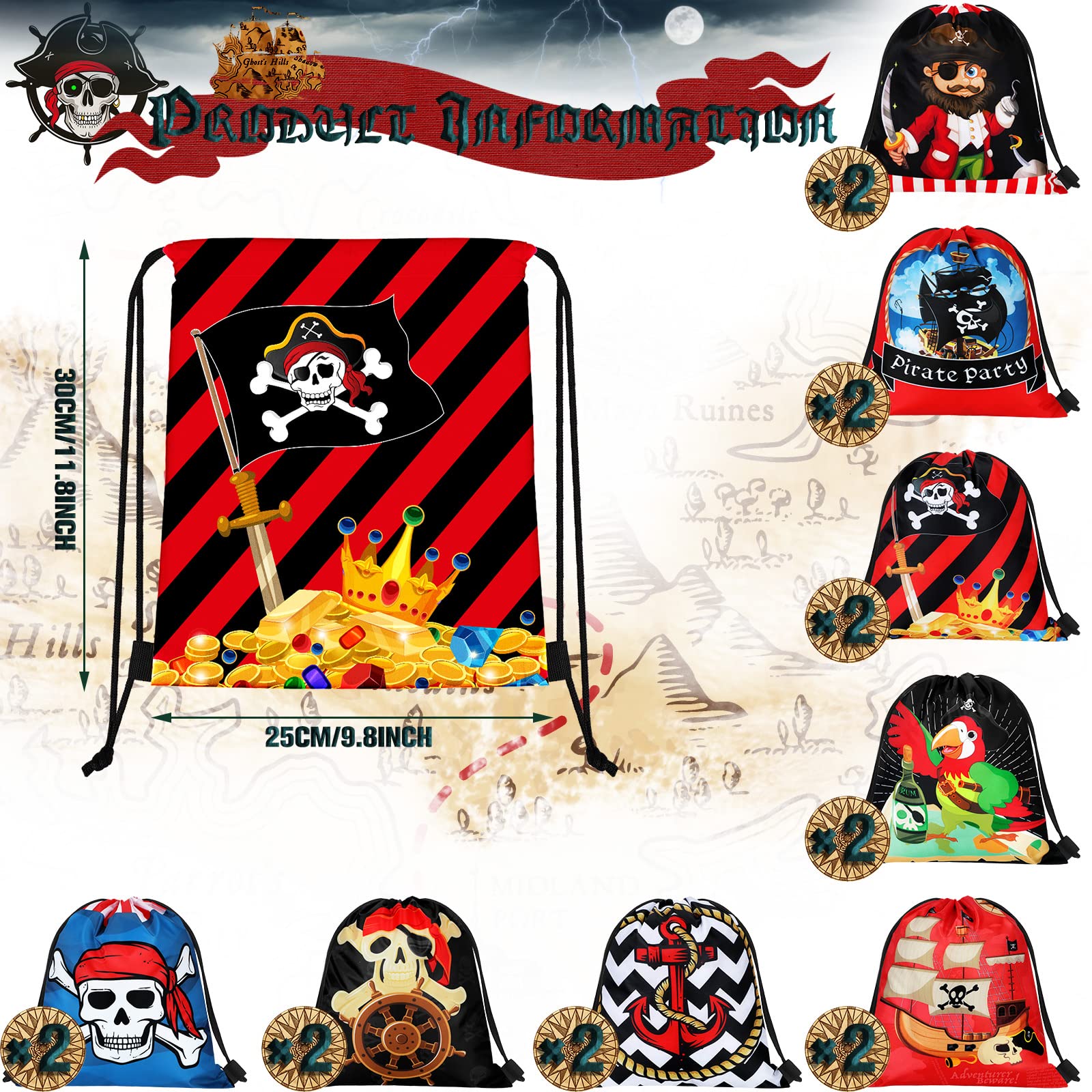 16Pcs Pirate Party Favor Bags for Kids - Halloween & Birthday Supplies for Adventure Themed Decor