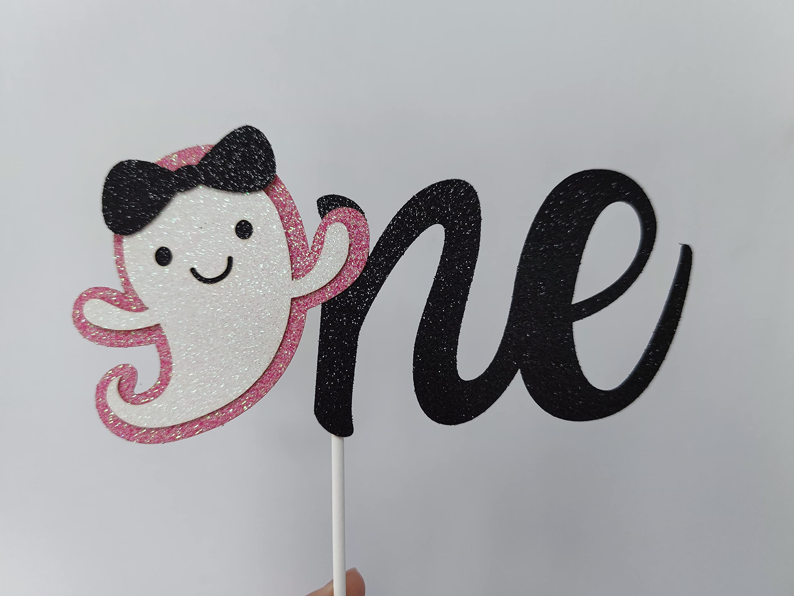Pink & Black Glitter Halloween Ghost Cake Topper - Baby Girl 1st Birthday Party Supplies | Adorable Ghost Decor for Halloween Cakes, Cupcakes & Desserts