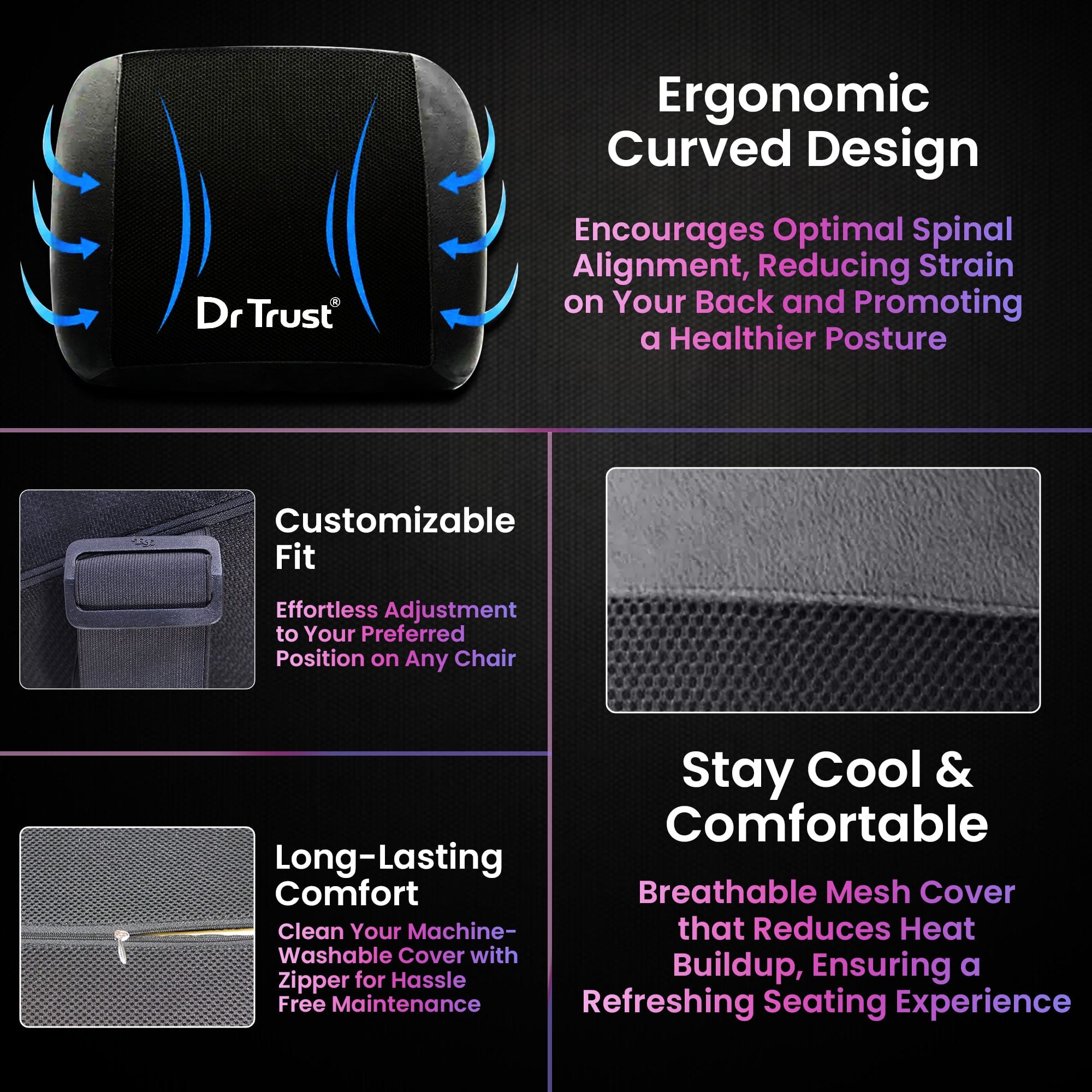 Dr Trust USA Backrest Pillow 305 - Orthopedic Lumbar Support Cushion for Lower Back Pain Relief, Posture Corrector (Soft) - Perfect for Office Chair, Bed, Sofa & Car Use