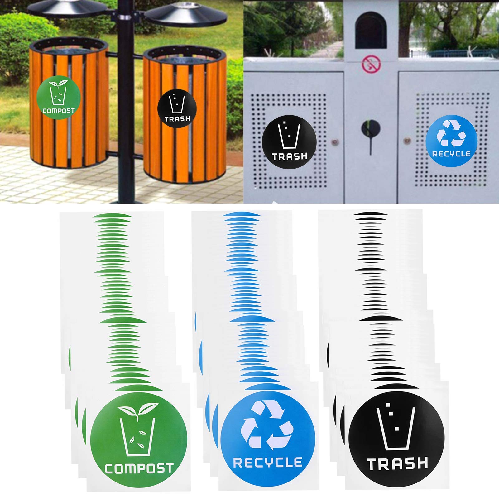 60Pcs Recycle Stickers for Trash Cans - Round Compost & Waste Sorting Labels - Waterproof Decals for Garbage Bins, Recycling Containers & Home/Office Use - Perfect for Kitchen, Bathroom & Outdoor Waste Management