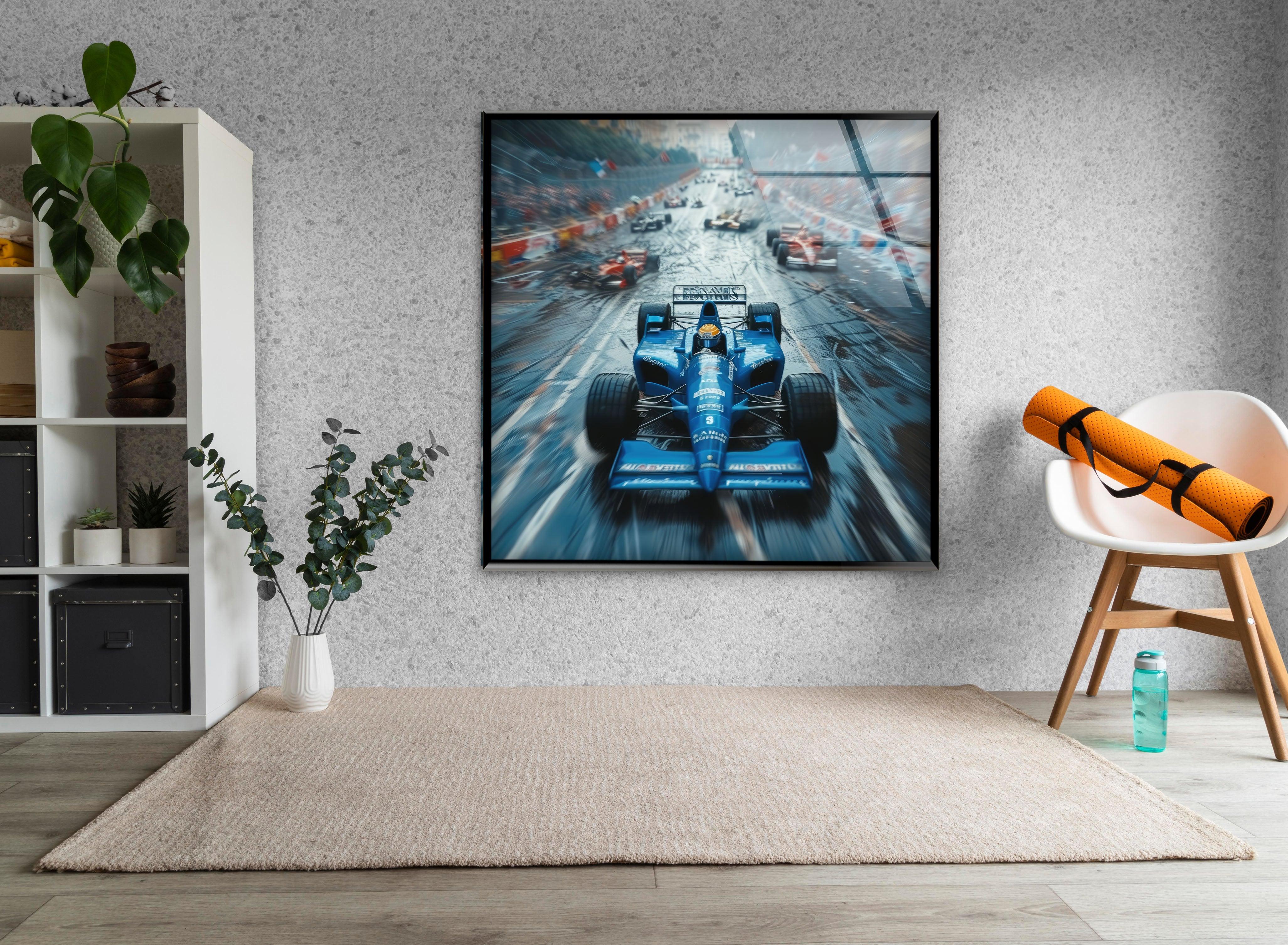 Blue Formula 1 Racing Car Glass Wall Art - Premium Decorative Home & Office Decor for Motorsport Fans