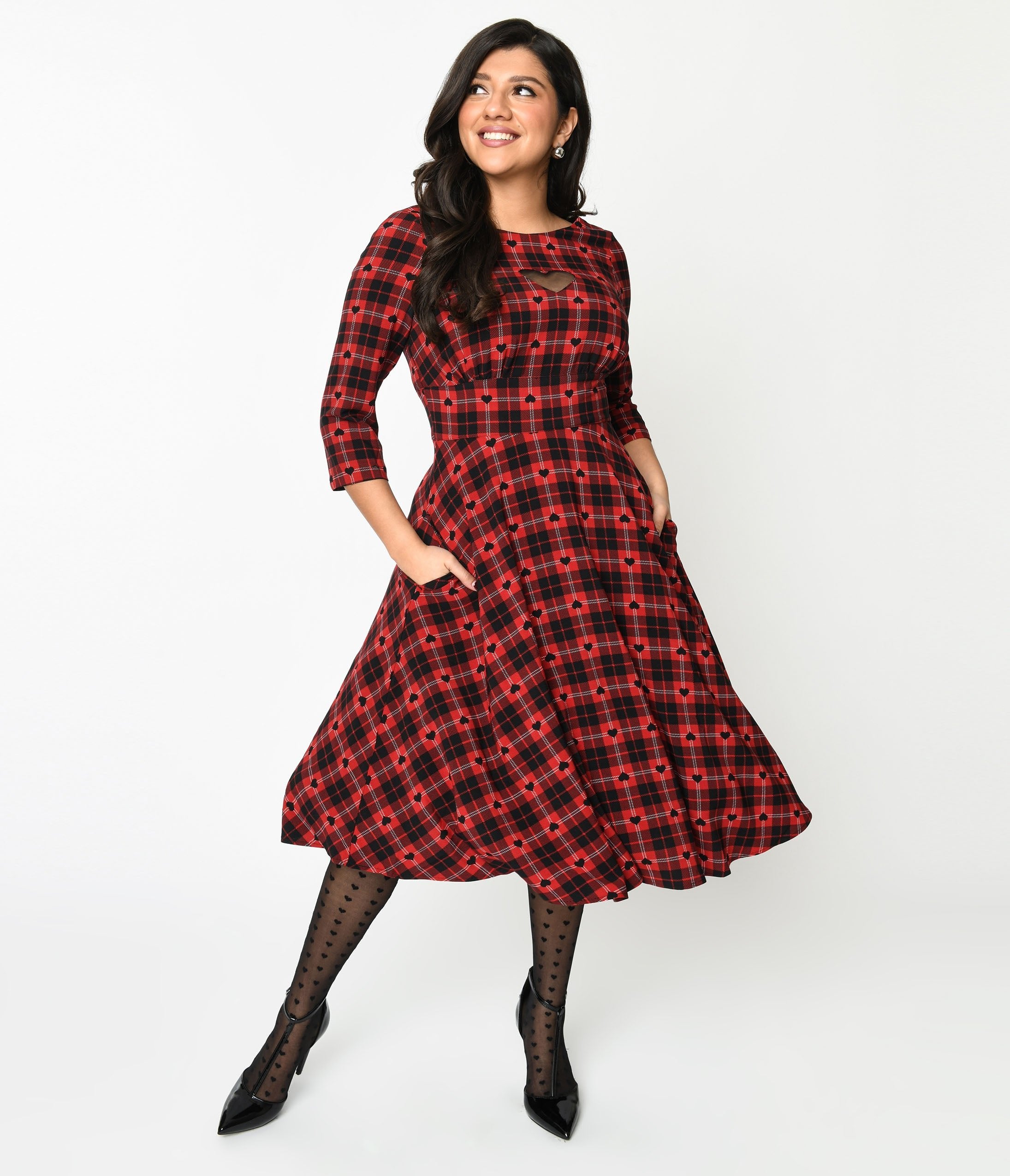 Hell Bunny Red & Black Heart Plaid Swing Dress - Vintage Retro Rockabilly Style for Date Night, Party, or Special Occasions