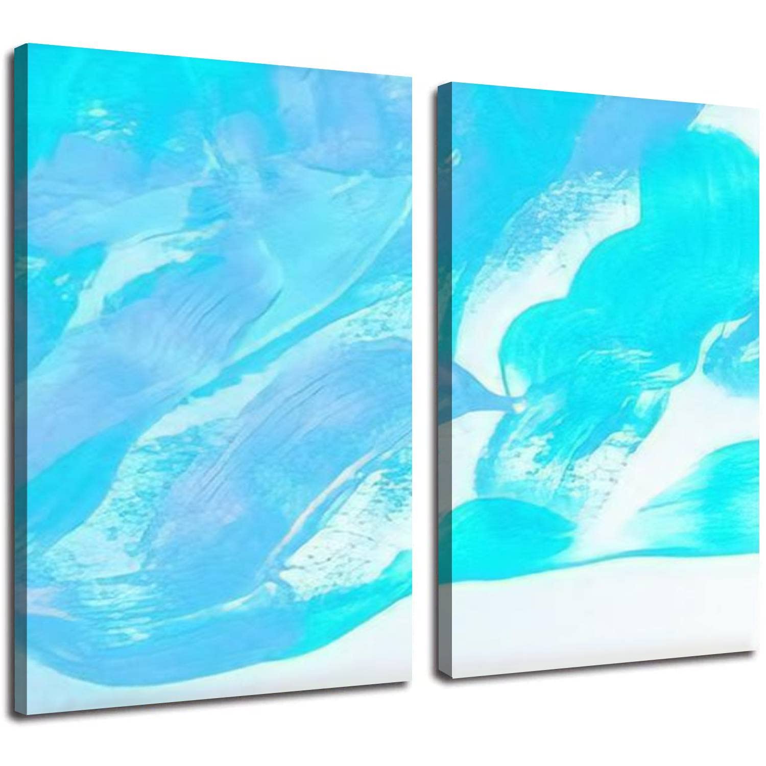 2 Panel Modern Canvas Wall Art - Blue Agate Oil Painting with Dirty Pastel Brushes, Large 24